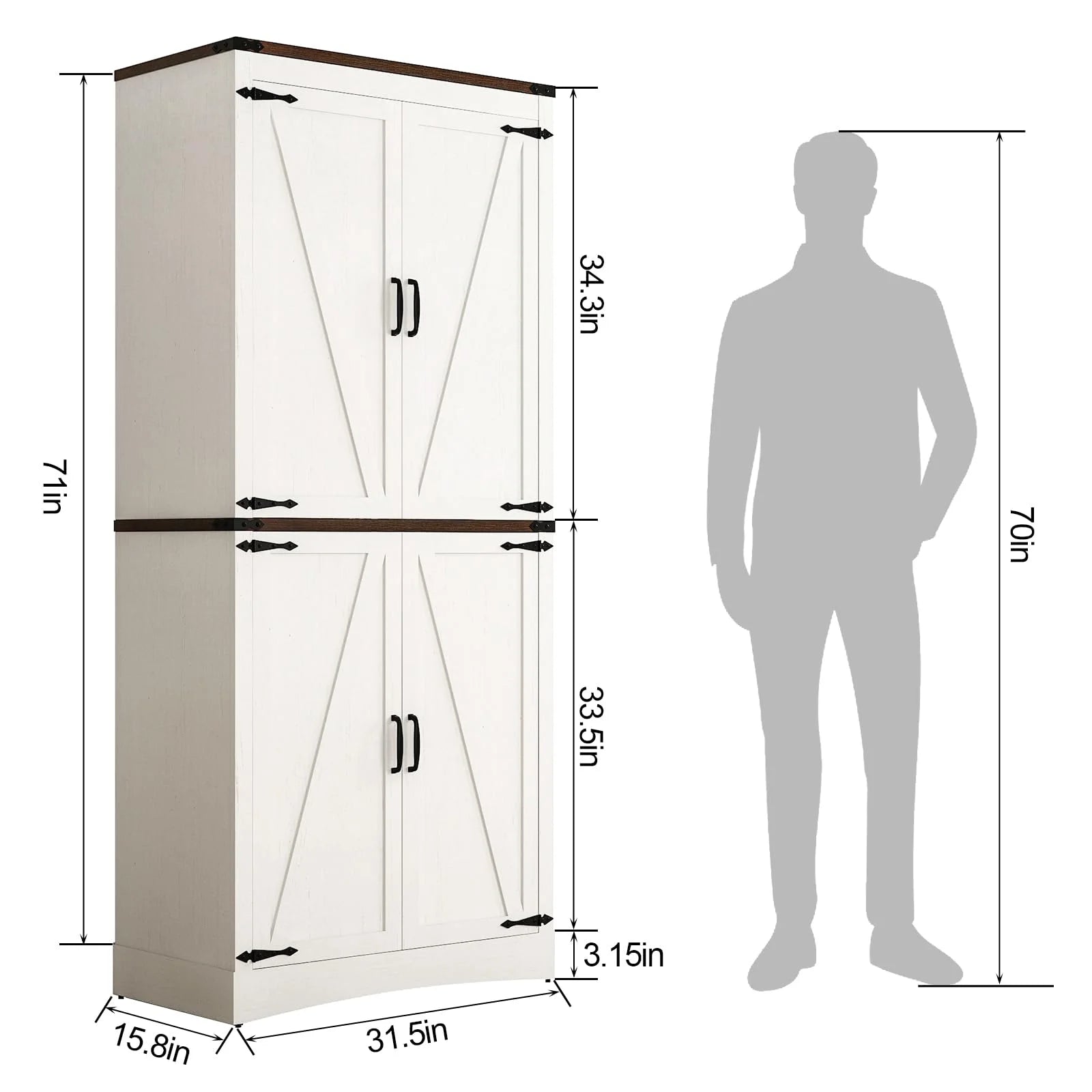 71" Tall Farmhouse Kitchen Pantry Cabinet, 5 Layers Storage Cabinet with Adjustable Shelves, Farmhouse Pantry Cabinet with 4 Barn Doors