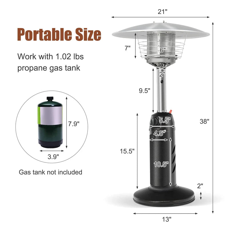 13,000 BTU Portable Tabletop Propane Patio Heater, Stainless Steel LP Gas Heater with Weighted Base & Adjustable Thermostat for Backyard, Restaurant