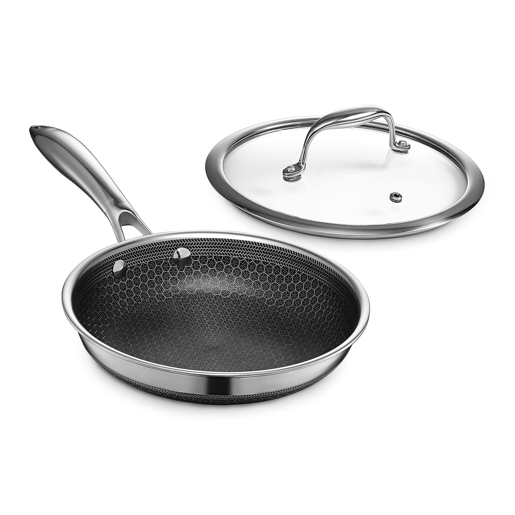 HexClad 8 inch Hybrid Stainless Steel Cookware Frying Pan with Glass Lid, Nonstick
