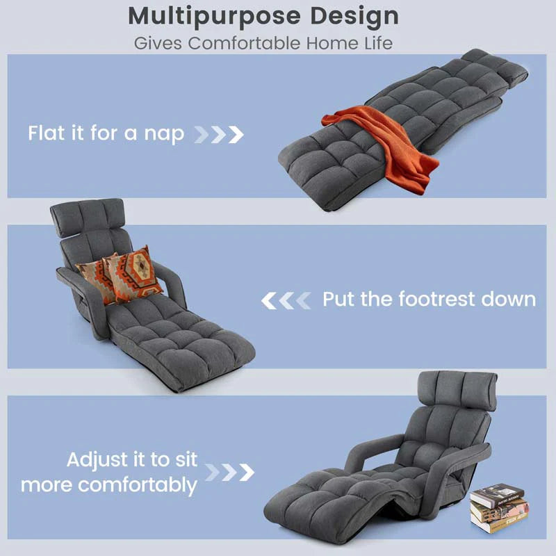 6 - Position Adjustable Floor Sofa Bed, Folding Lazy Sofa Chaise Lounger Recliner with Armrests & Footrests for Living Room, Bedroom & Gaming