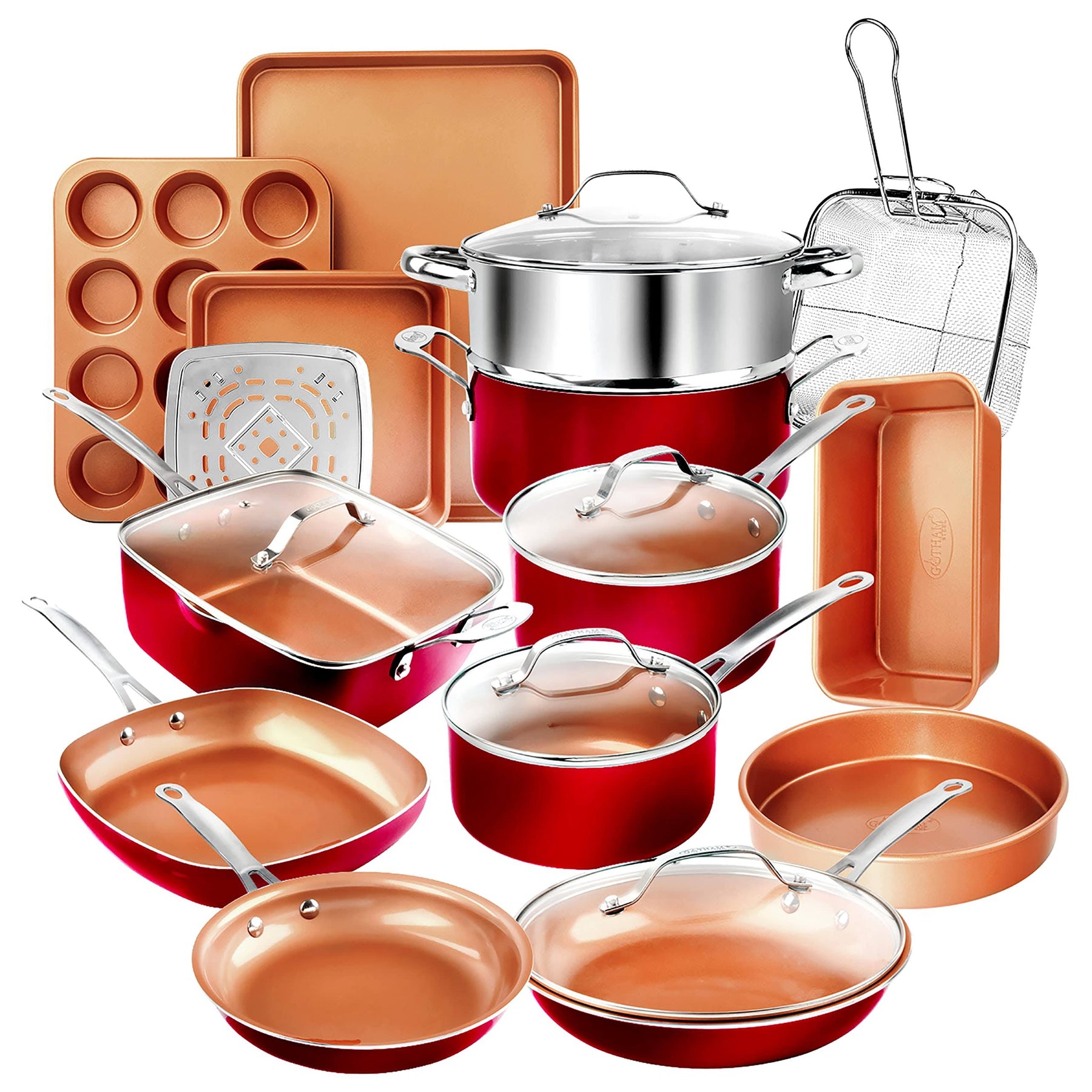 Gotham Steel Cookware + Bakeware Set with Nonstick Durable Ceramic Copper Coating ÿ Includes Skillets, Stock Pots, Deep Square Fry Basket