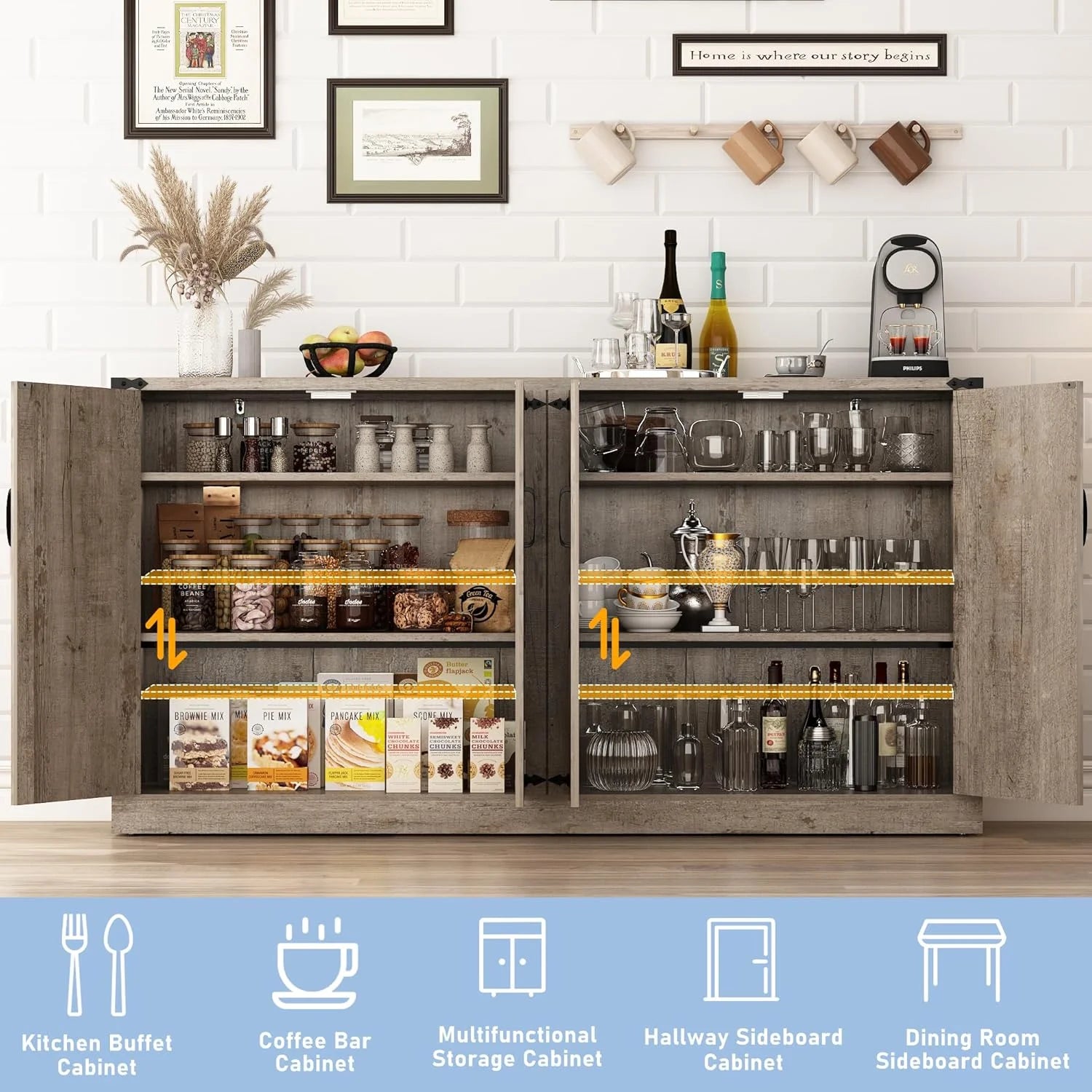 71" Tall Farmhouse Kitchen Pantry Cabinet, 5 Layers Storage Cabinet with Adjustable Shelves, Farmhouse Pantry Cabinet with 4 Barn Doors