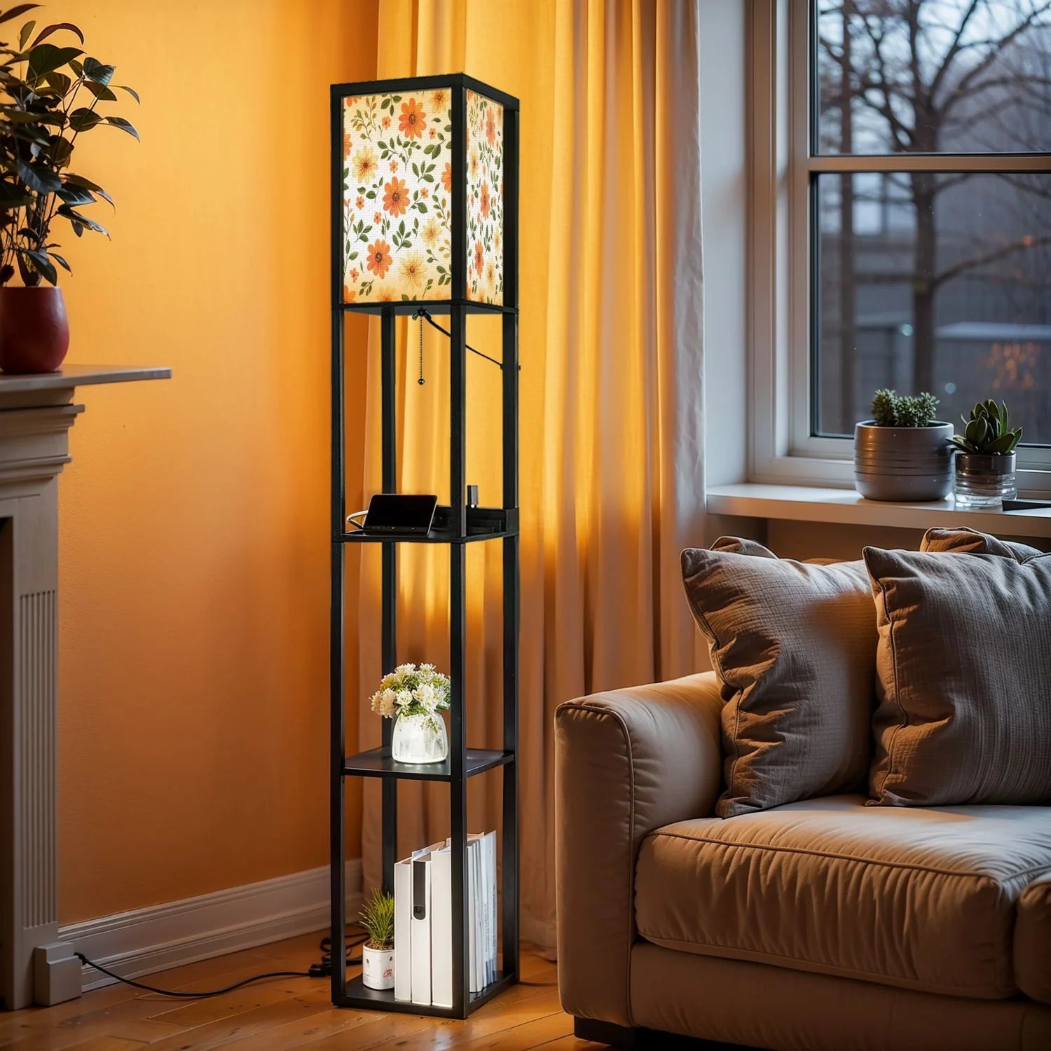 Floor Lamp with Shelves, Modern Dimmable Standing Lamp Floral Corner Display Bookshelf Lamp with 2 USB & 1 Power Outlet for Living Room & Bedroom
