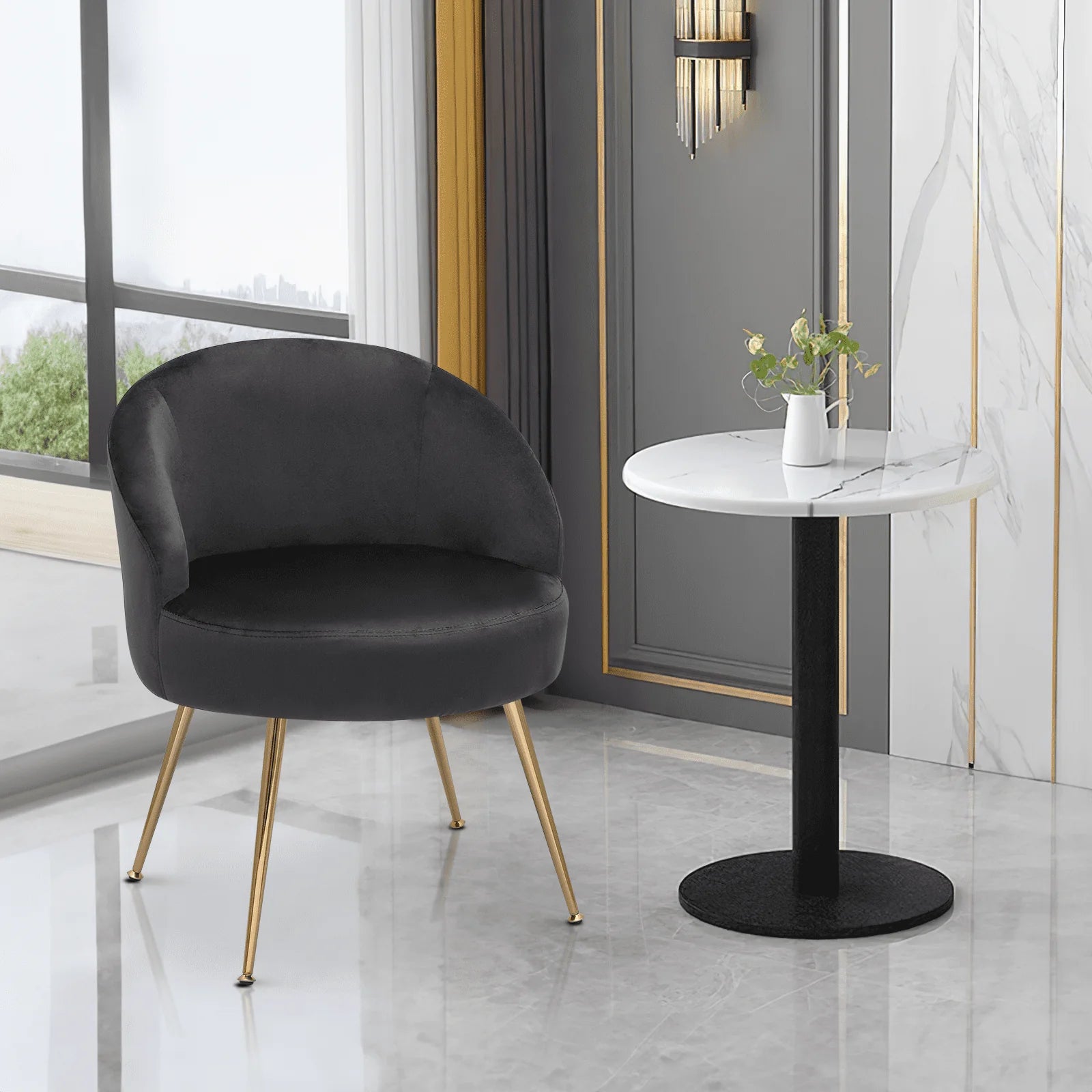 Monibloom Velvet Accent Chair, Modern Upholstered Single Sofa Side Chair, Comfy Barrel Club Living Room Armchair with Golden Metal Legs