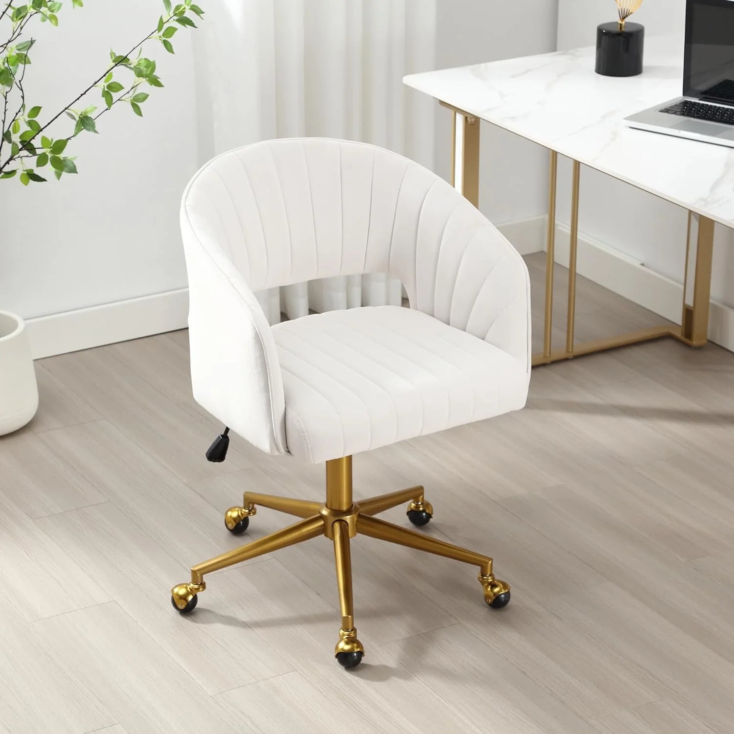 Home Office Swivel Desk Chair, Modern Velvet Vanity Chair, Height Adjustable Armchair with Gold Base, Ergonomic Office Chair for Task Study Computer Room, Beige