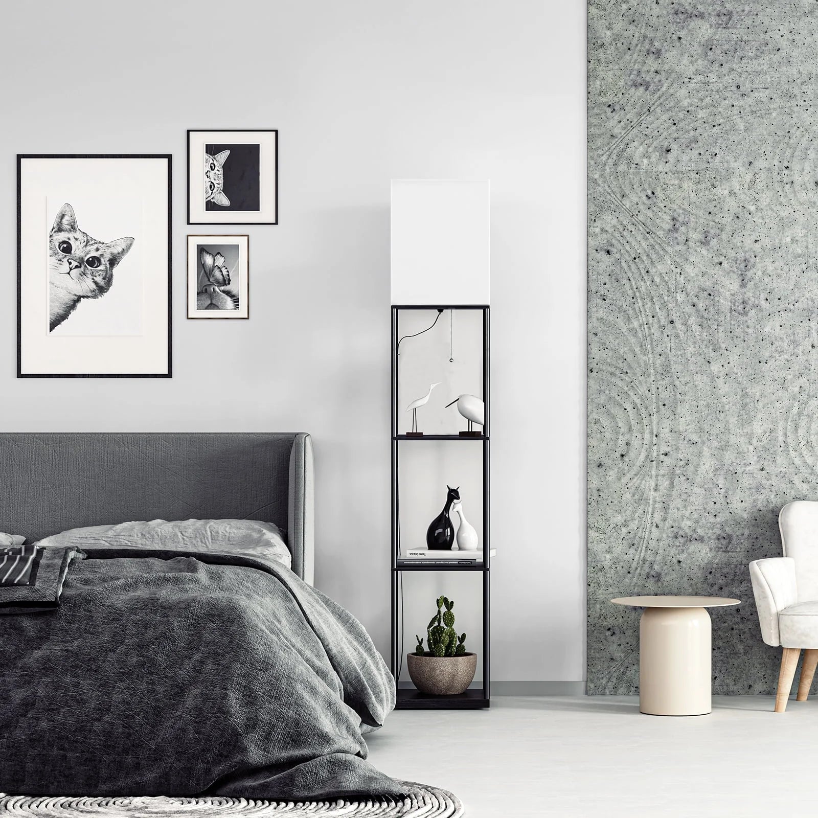 Modern Iron Shelf Floor Lamp with 3 Way Dimmable LED Bulb, Shelves and White Shade for Living Room and Bedroom(Black)