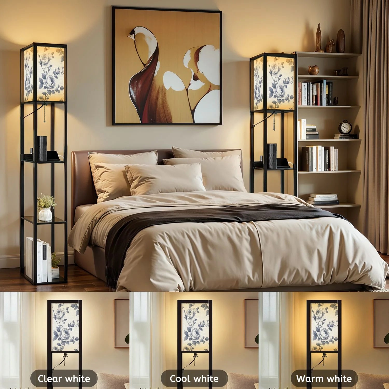 Floor Lamp with Shelves, Modern Dimmable Standing Lamp Floral Corner Display Bookshelf Lamp with 2 USB & 1 Power Outlet for Living Room & Bedroom