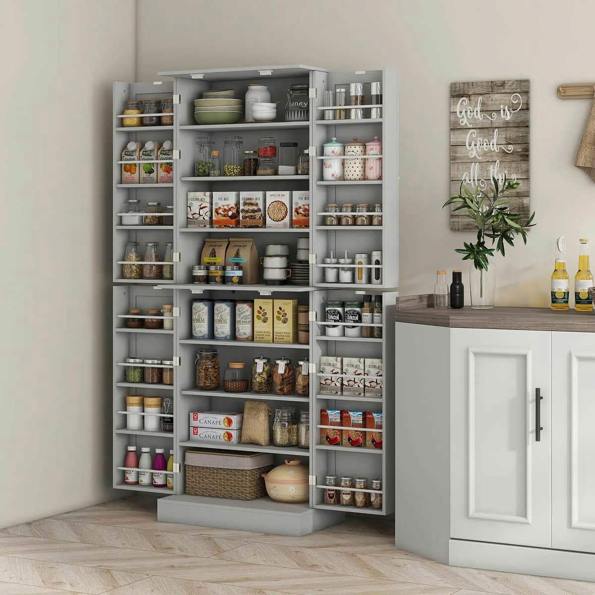 Spaco 17-Tier Kitchen Small Pantry Cabinet with 2 Doors and 6 Adjustable Shelves, Cabinet Pantry, Freestanding 5-Tier Shelving Pantries