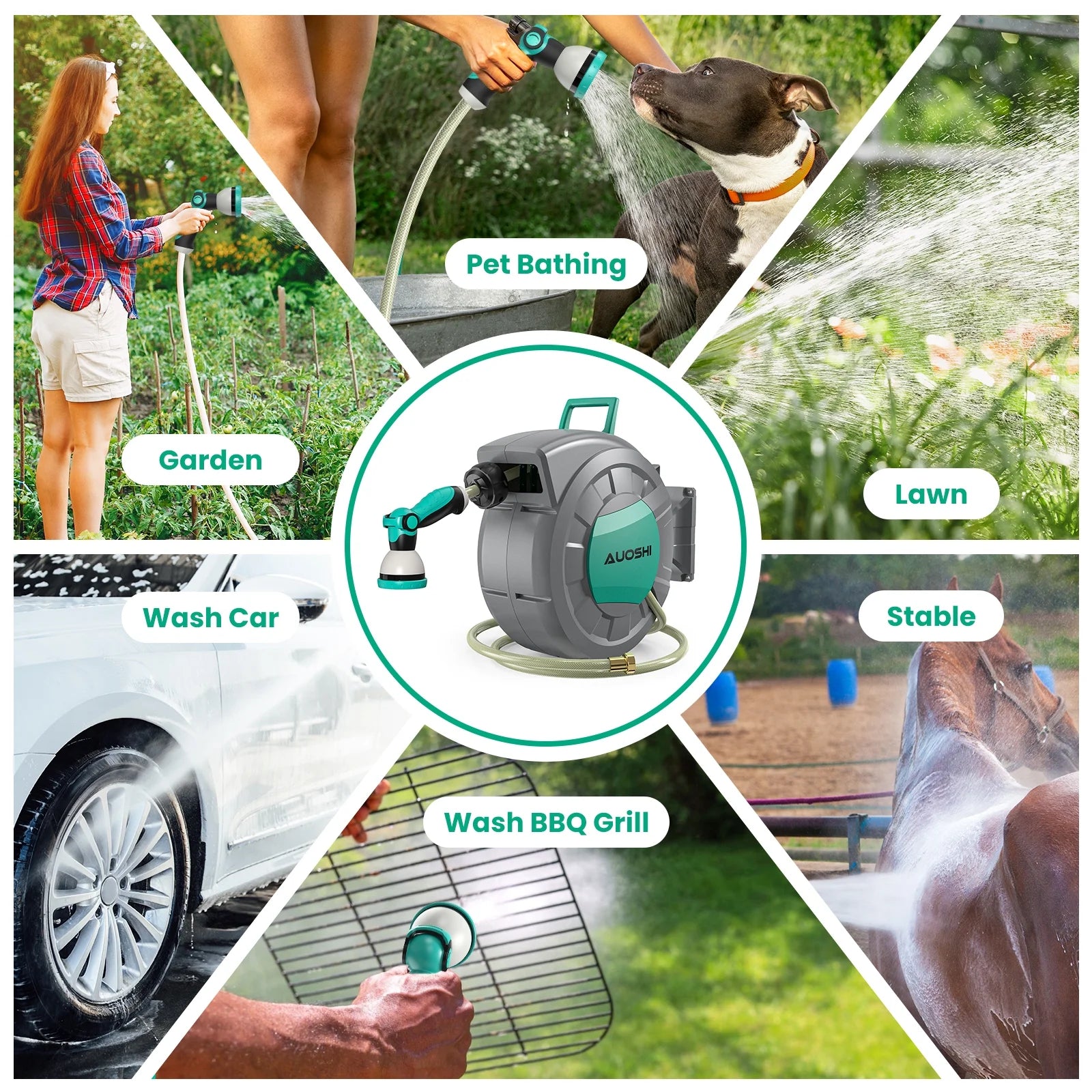 AUOSHI Retractable Garden Hose Reel 1/2" 100ft Automatic Hose Reel with 10 Function Sprayer Nozzle Wall Mount 180 Deg Swivel Bracket Hose Reel