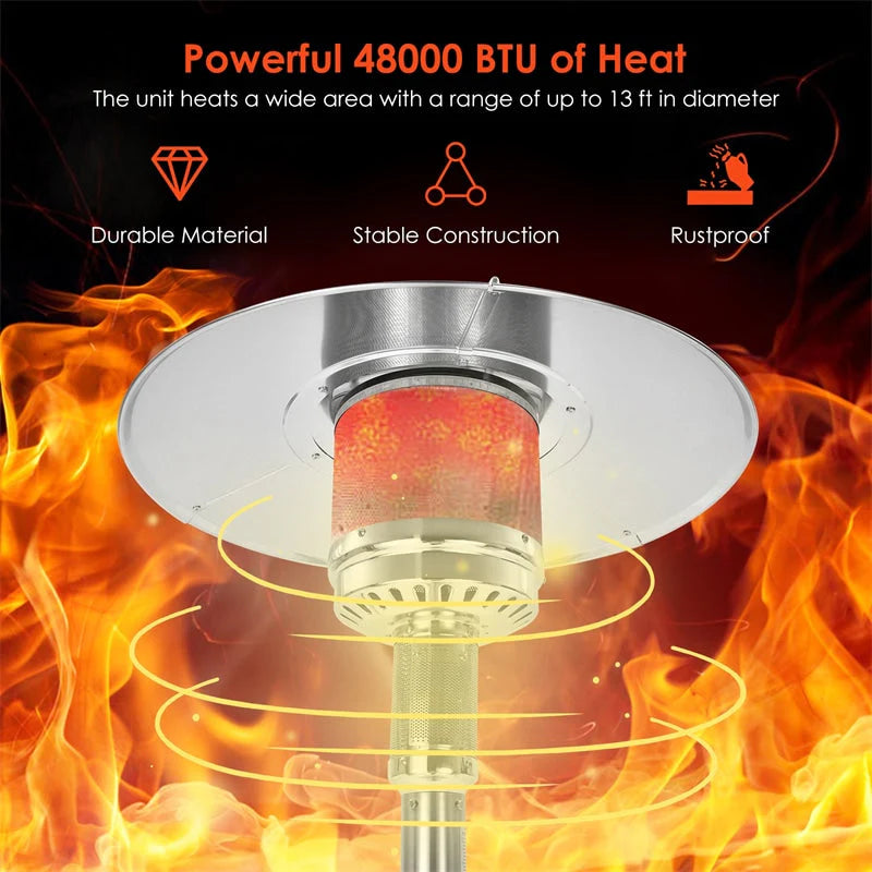 50,000 BTU Propane Patio Heater, Standing Stainless Steel Outdoor Heater with Wheels, Triple Protection, CSA Certified for Deck & Commercial