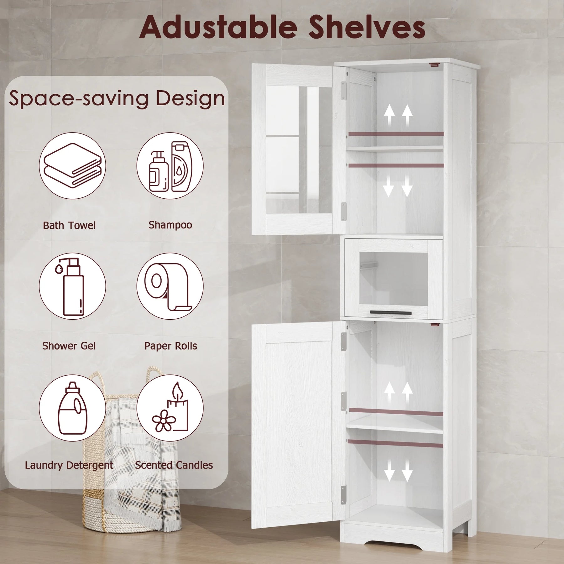 Bathroom Cabinet, Tall Storage Cabinet with Doors and Adjustable Shelf, Freestanding Floor Pantry Cabinet