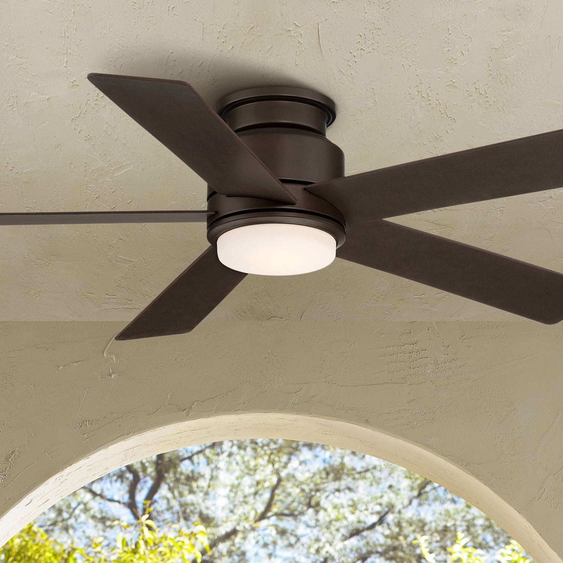Casa Vieja 52" Grand Palm Modern Outdoor Hugger Ceiling Fan with Dimmable LED Light Remote Control Oil Rubbed Bronze White Opal Glass Damp Rated for