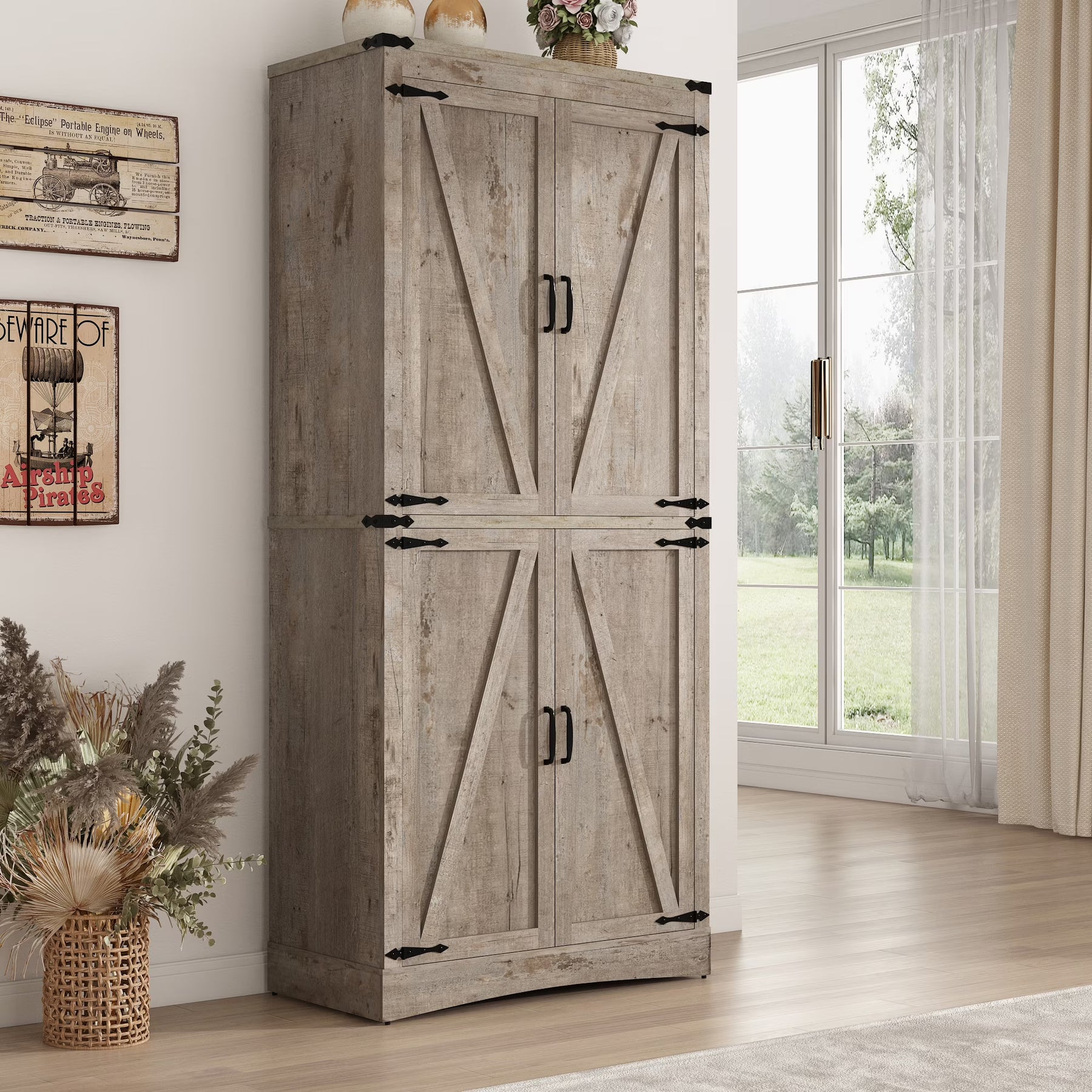 71" Tall Farmhouse Kitchen Pantry Cabinet, 5 Layers Storage Cabinet with Adjustable Shelves, Farmhouse Pantry Cabinet with 4 Barn Doors