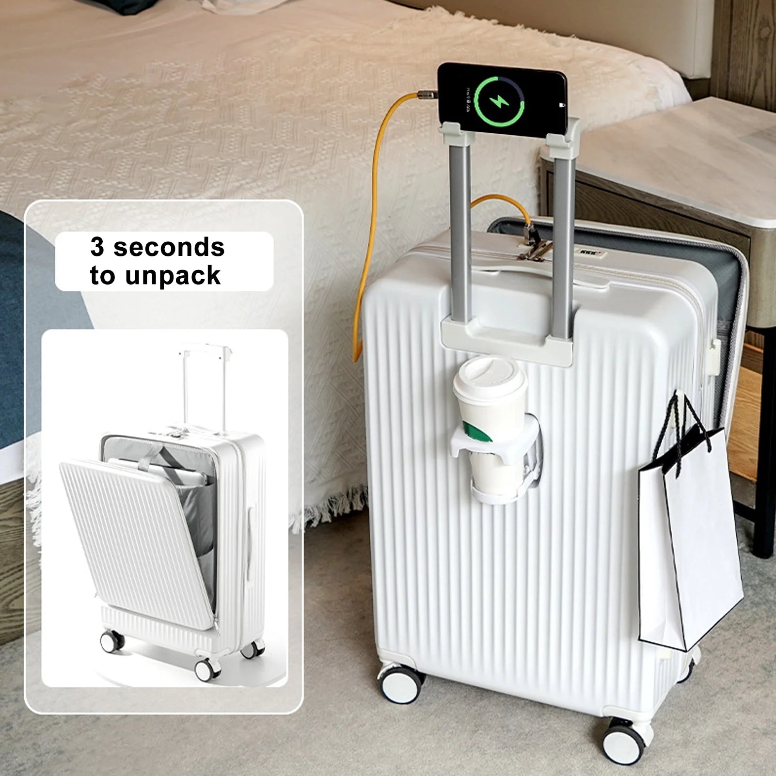 24 in Checked Luggage with Front Pocket, USB Charging Port, Built - in Lock Carry on Suitcase, Cup Holder and Phone Holder, Medium Hardside Suitcase