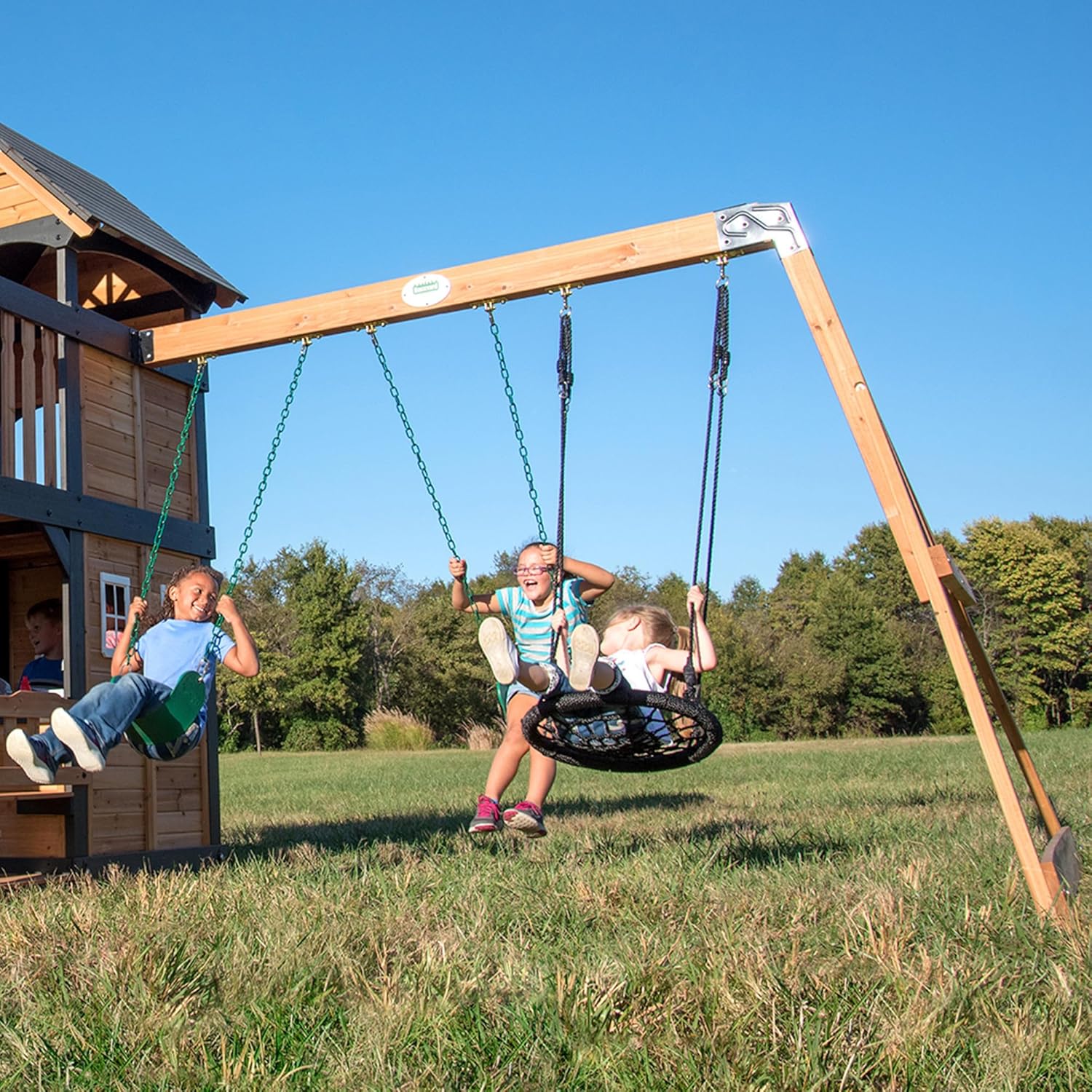 Backyard Discovery Canyon Creek Cedar Wood Swing Set with Wave Slide, Clubhouse, Play Kitchen, Picnic Area, Swings and Rock Wall