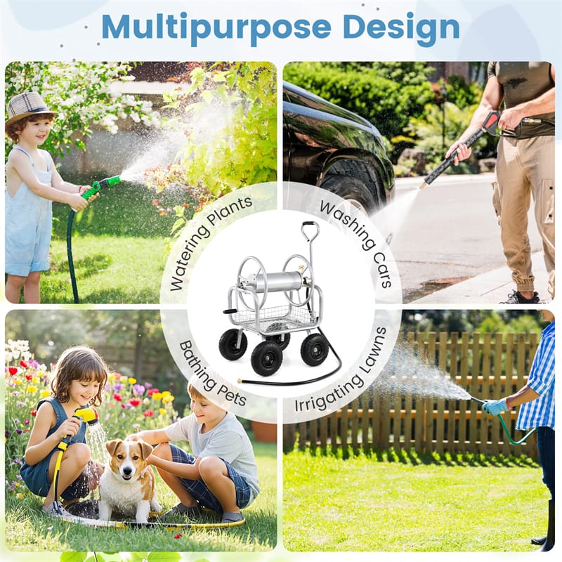 Portable Garden Hose Reel Cart Holds 300FT of 5/8" Large Capacity, Heavy - Duty Metal Hose Cart with 4 Wheels & Storage Basket for Lawn Yard