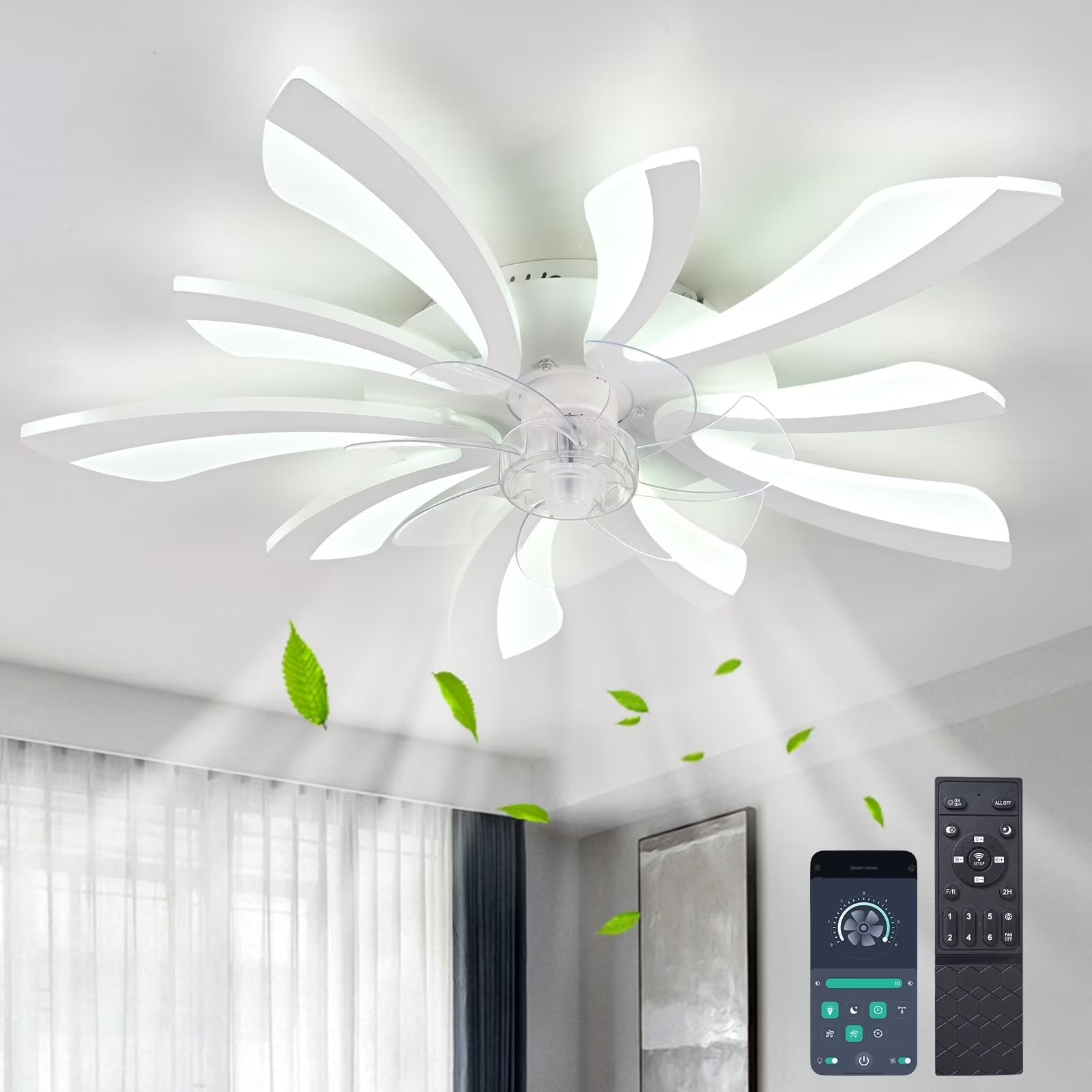 Garwarm Dimmable Ceiling Fan with Light and Remote Control, 27" Small Flush Mounted Ceiling Fan