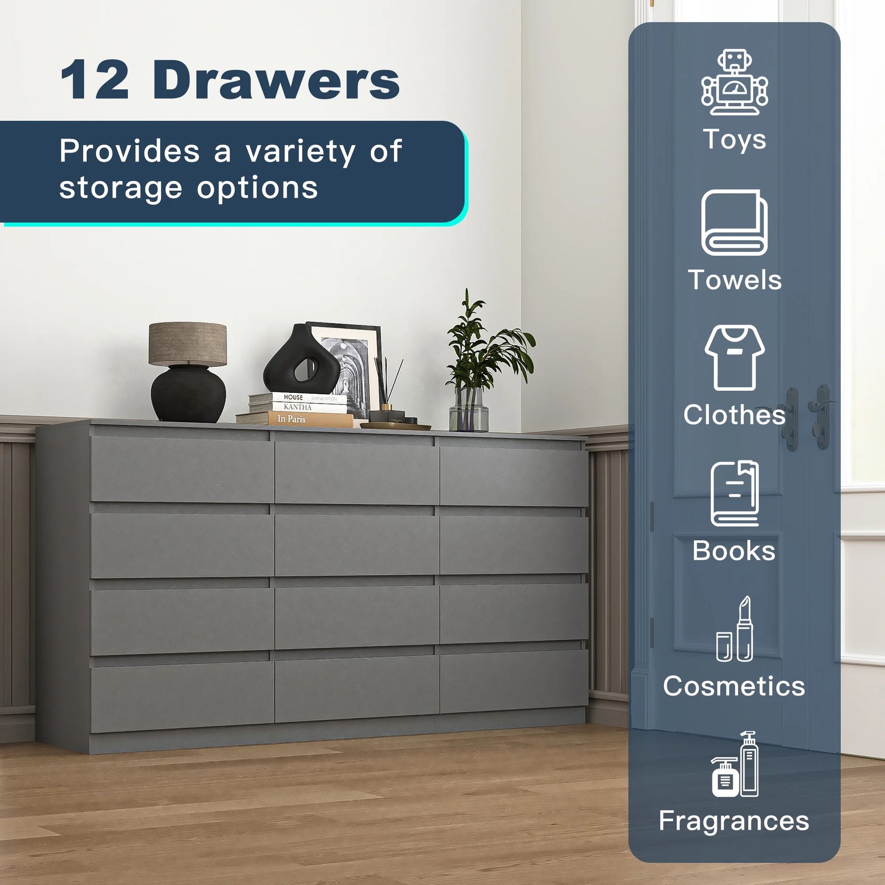 Kadyn Modern 6 Drawer Dresser Wood Cabinet, Dresser for Bedroom, Kitchen Storage Cabinet with Drawers, Chest of Drawers(Black)