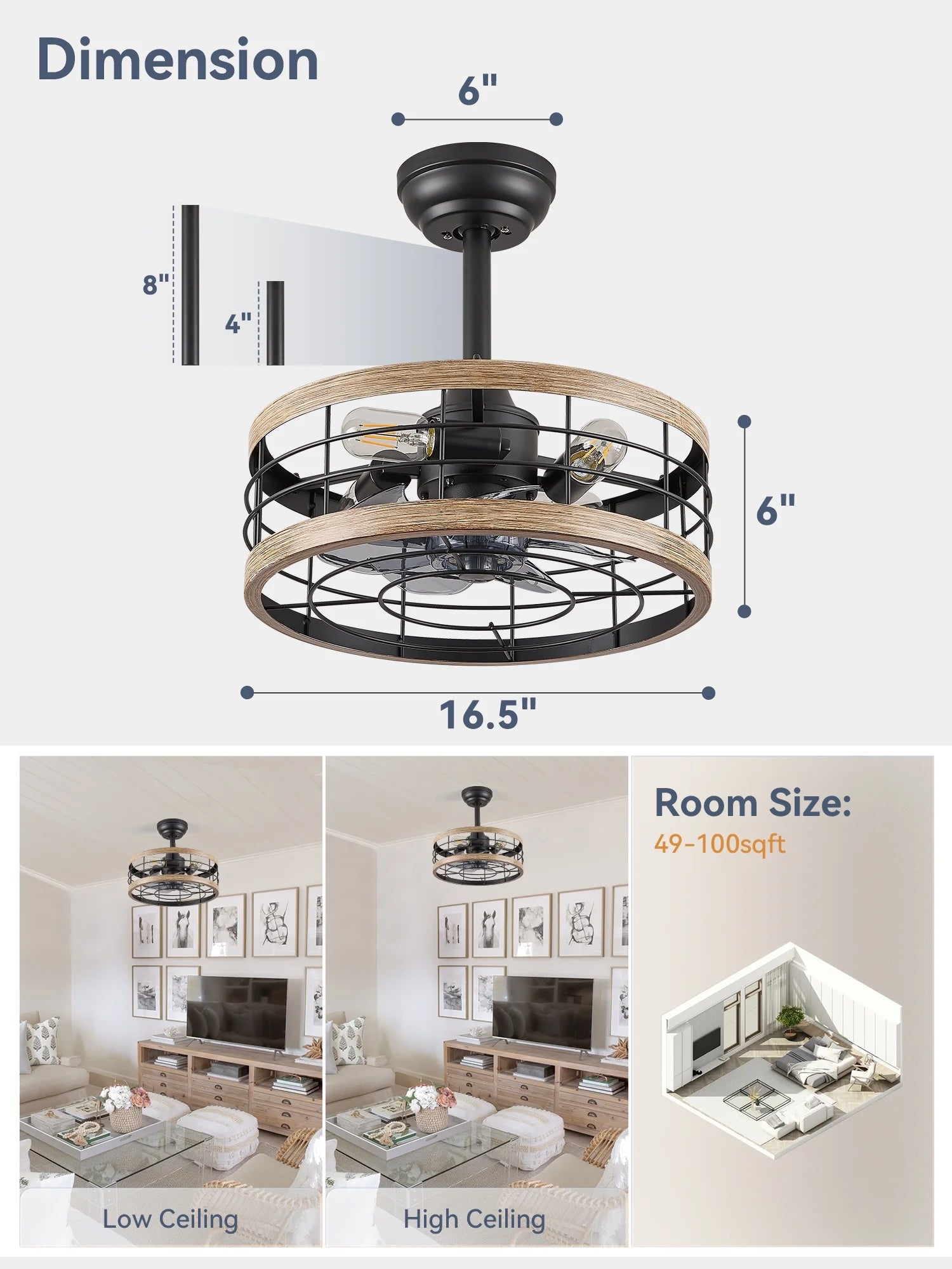 Zardon 52 in Black Ceiling Fan with LED Light and Remote, Downrod 6-Speed and Quiet Reversible DC Motor for Bedroom, Living Room, Indoor