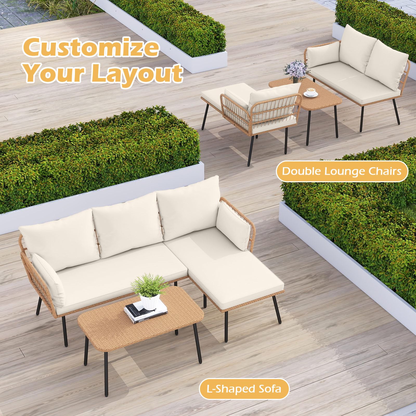 Tangkula 3 Pieces L-Shaped Patio Furniture Set for Backyard Porch Balcony