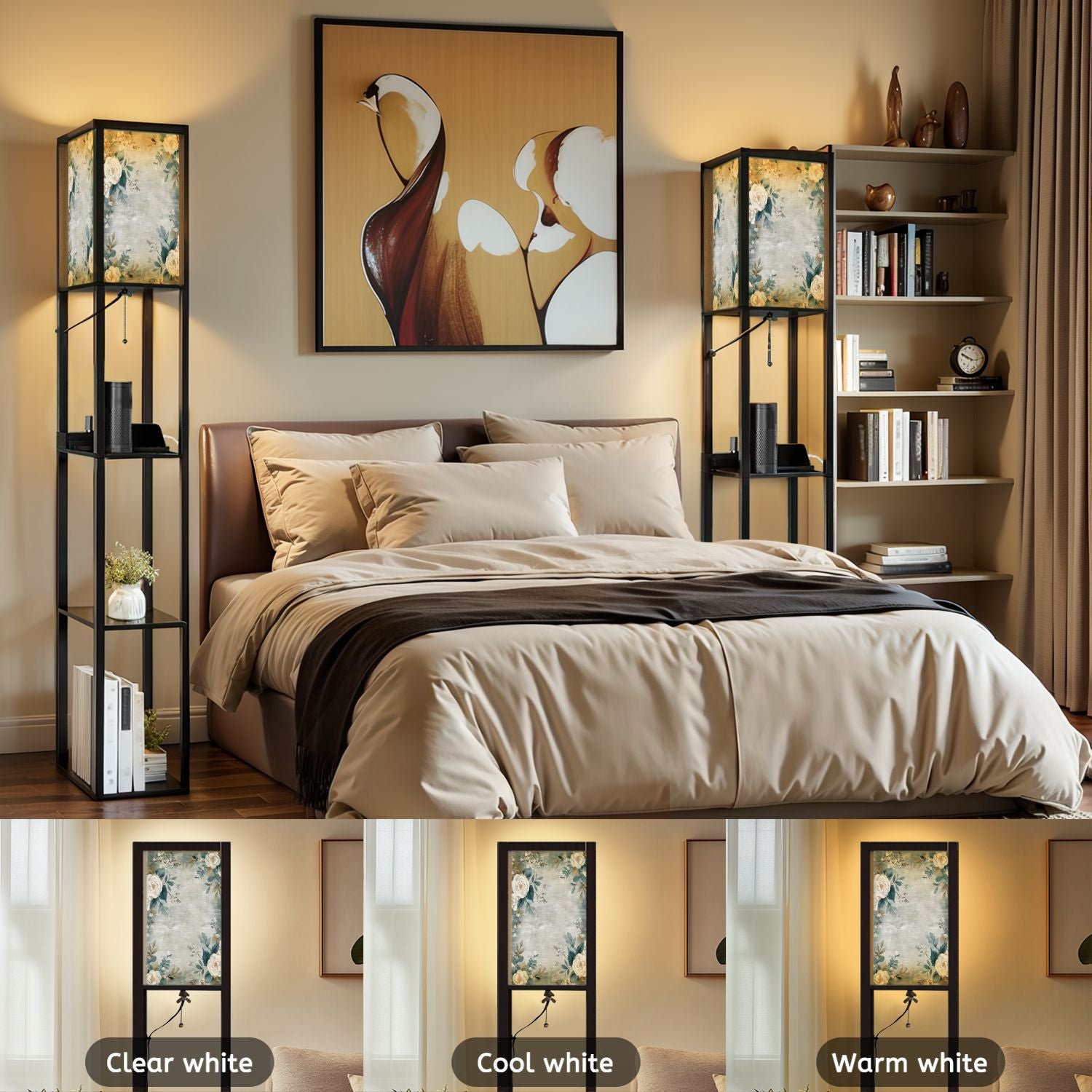 Floor Lamp with Shelves, Modern Dimmable Standing Lamp Floral Corner Display Bookshelf Lamp with 2 USB & 1 Power Outlet for Living Room & Bedroom