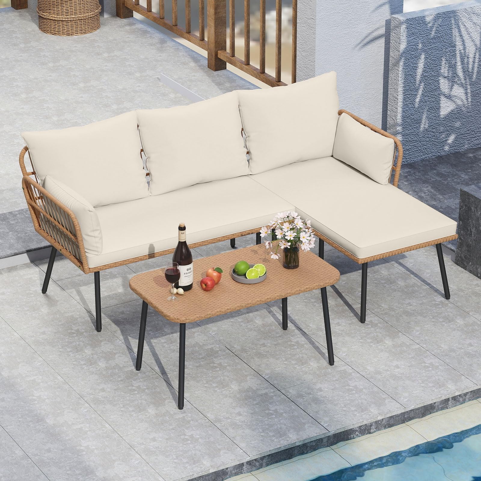 Tangkula 3 Pieces L-Shaped Patio Furniture Set for Backyard Porch Balcony