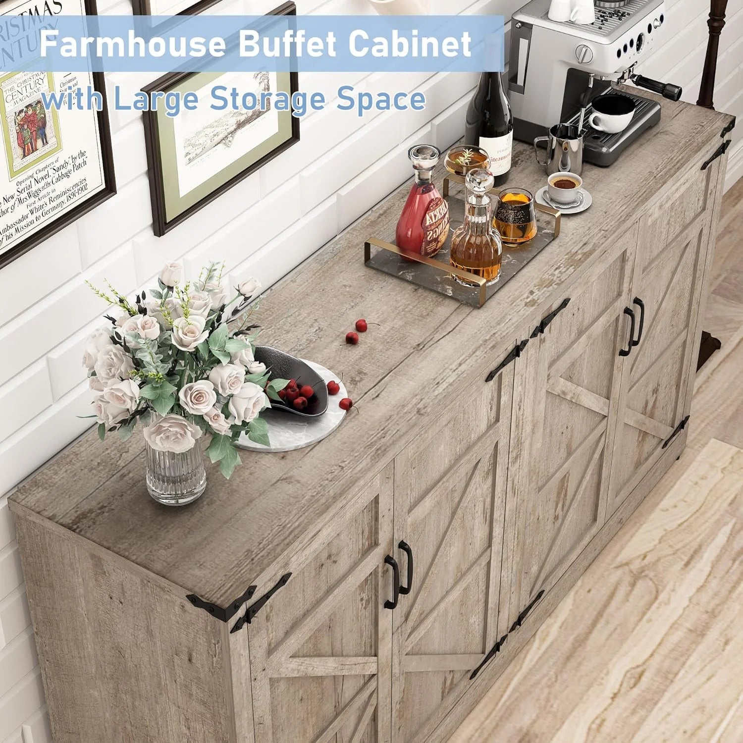 71" Tall Farmhouse Kitchen Pantry Cabinet, 5 Layers Storage Cabinet with Adjustable Shelves, Farmhouse Pantry Cabinet with 4 Barn Doors
