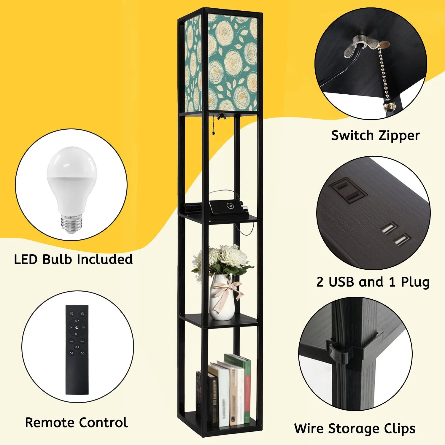 Floor Lamp with Shelves, Modern Dimmable Standing Lamp Floral Corner Display Bookshelf Lamp with 2 USB & 1 Power Outlet for Living Room & Bedroom