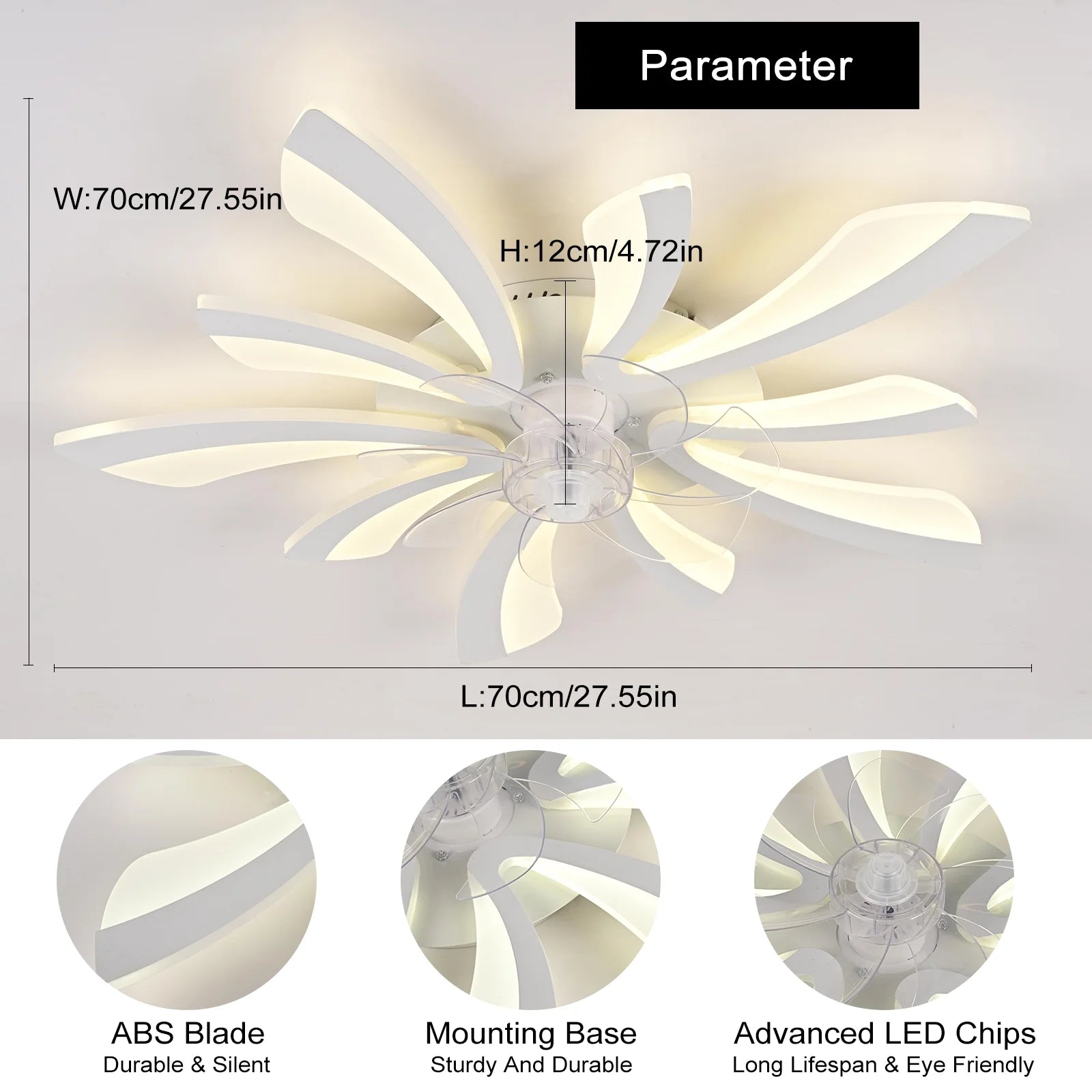 Garwarm Dimmable Ceiling Fan with Light and Remote Control, 27" Small Flush Mounted Ceiling Fan