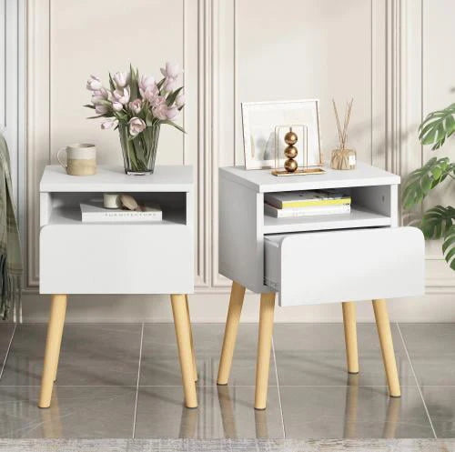 Syngar Nightstand Set of 2, Modern Bedside Tables with 2 Drawers, Storage Shelf and Wood Handles, White Bedroom Furniture