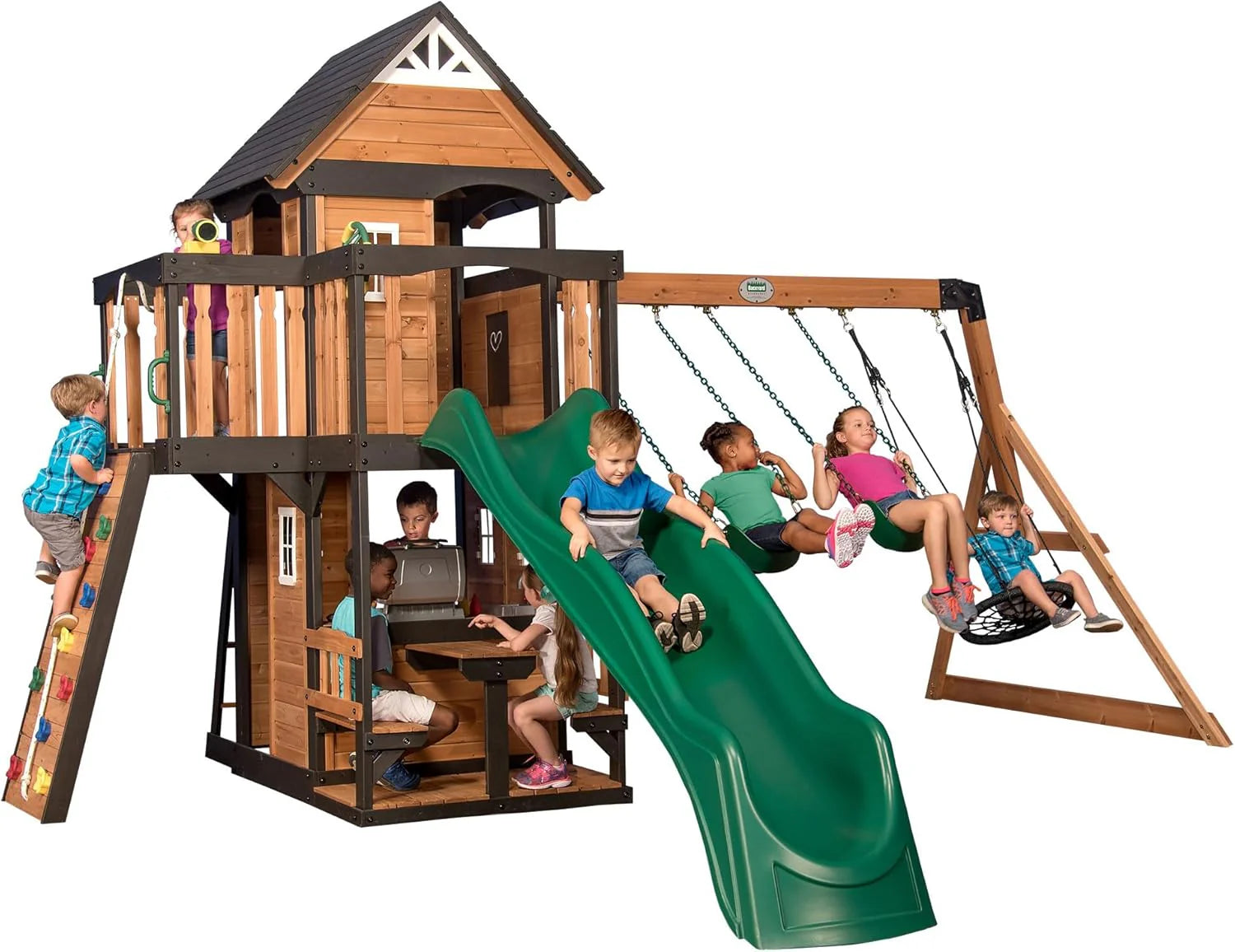 Backyard Discovery Canyon Creek Cedar Wood Swing Set with Wave Slide, Clubhouse, Play Kitchen, Picnic Area, Swings and Rock Wall