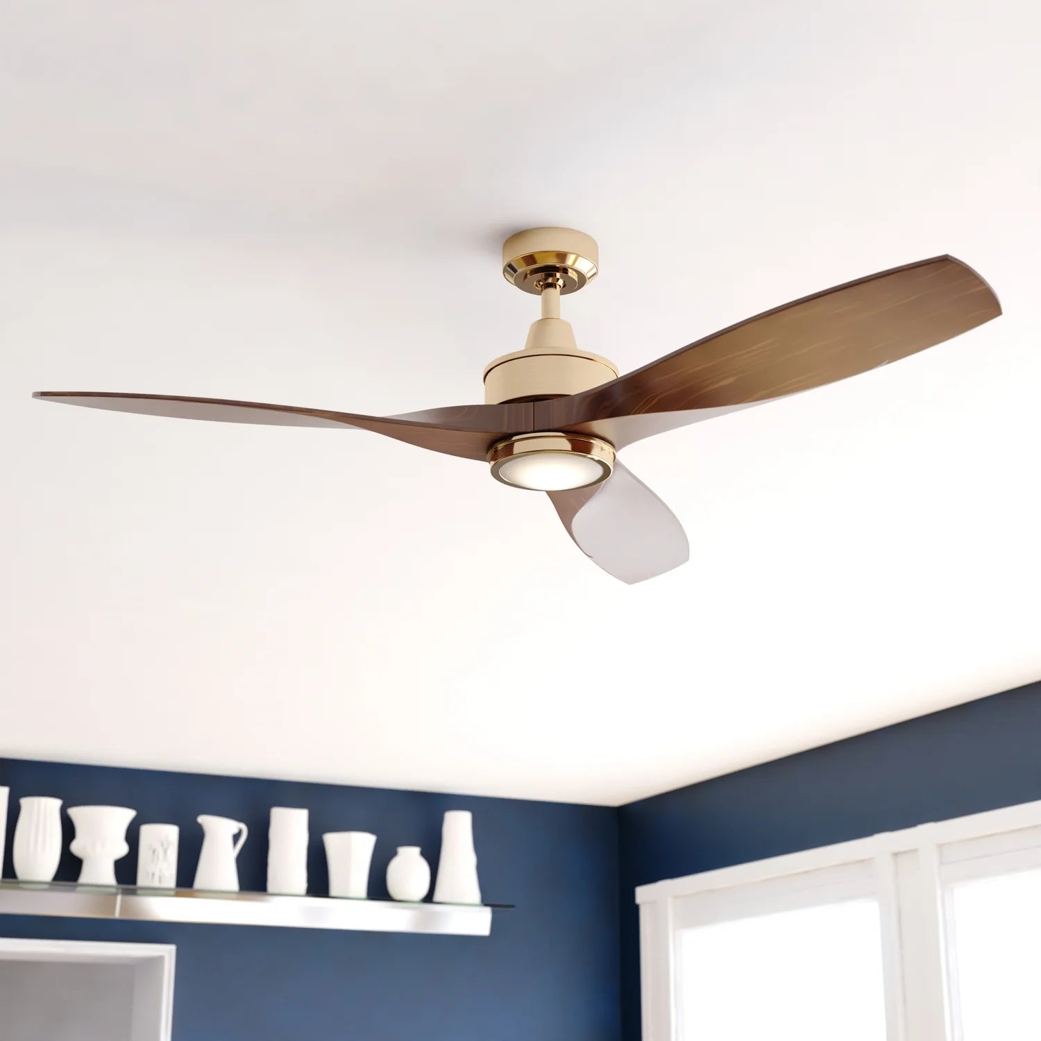 Vaxcel Curtiss Satin Brass Mid - Century Modern MCM Wood Propeller Ceiling Fan with LED Light Kit and Remote