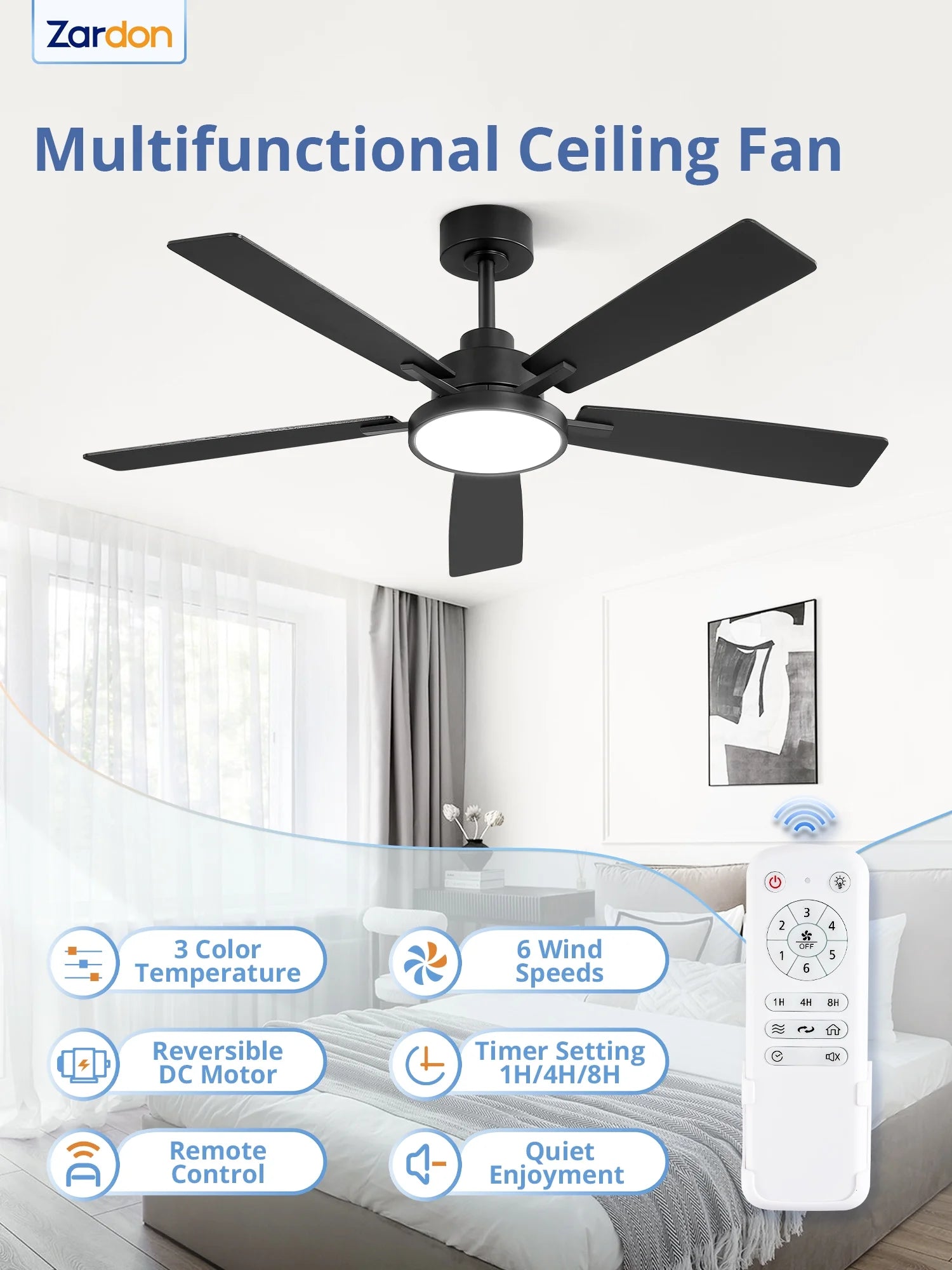 Zardon 52 in Black Ceiling Fan with LED Light and Remote, Downrod 6-Speed and Quiet Reversible DC Motor for Bedroom, Living Room, Indoor