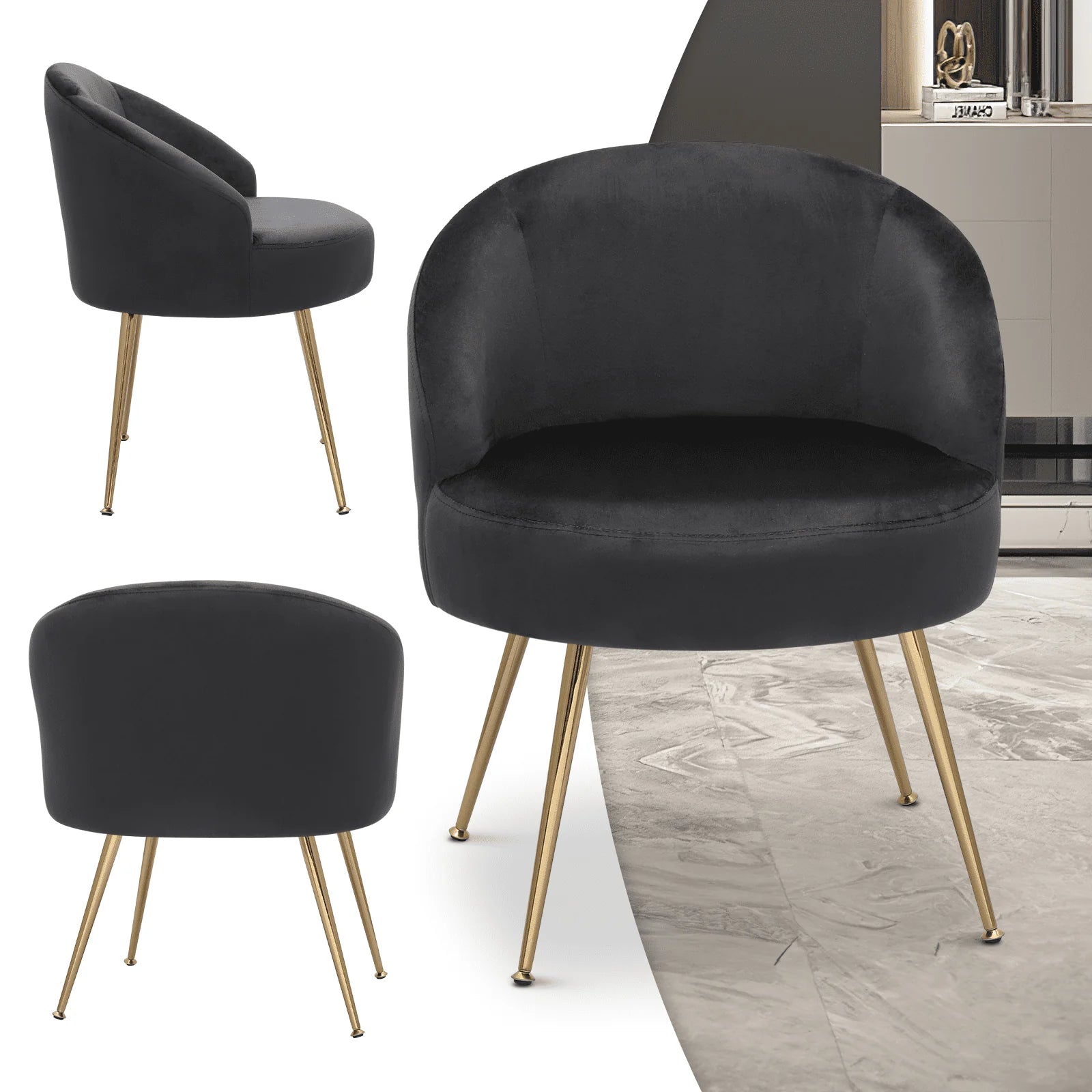 Monibloom Velvet Accent Chair, Modern Upholstered Single Sofa Side Chair, Comfy Barrel Club Living Room Armchair with Golden Metal Legs
