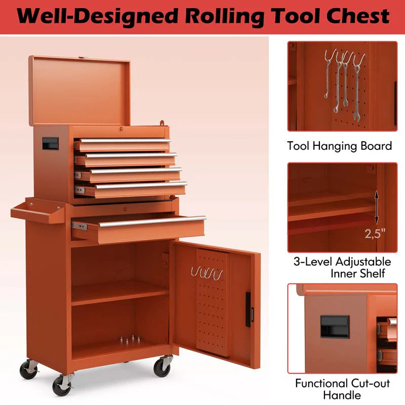 2 - in - 1 Rolling Tool Chest, 5-Drawer Tool Storage Cabinet with Wheels, Adjustable Shelf, Tool Box Organizer for Garage Warehouse Workshop