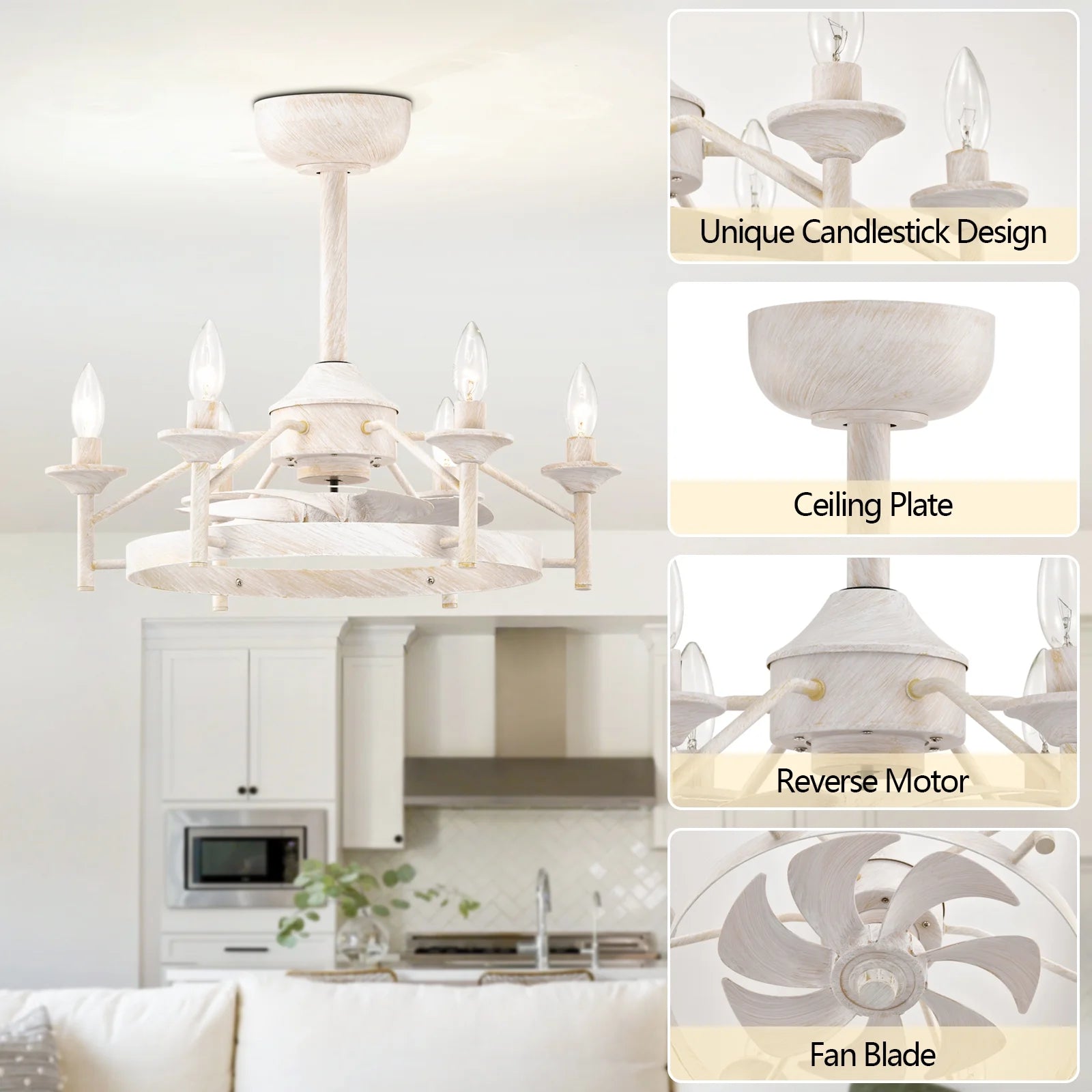 Maxax Candlestick Ceiling Fan with Light, 21" White Vintage Ceiling Fan with Remote Control, 6 Speeds Reversible Timing Ceiling Fan