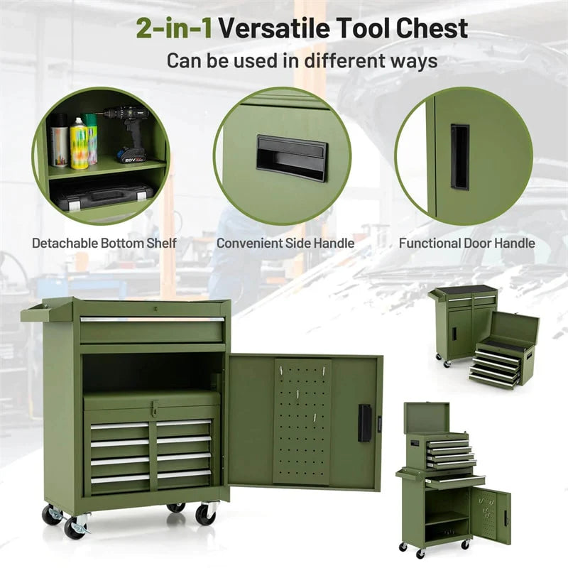 2 - in - 1 Rolling Tool Chest, 5-Drawer Tool Storage Cabinet with Wheels, Adjustable Shelf, Tool Box Organizer for Garage Warehouse Workshop