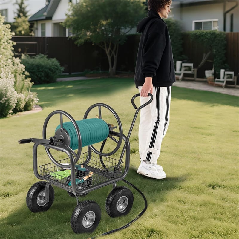 Portable Garden Hose Reel Cart Holds 300FT of 5/8" Large Capacity, Heavy - Duty Metal Hose Cart with 4 Wheels & Storage Basket for Lawn Yard