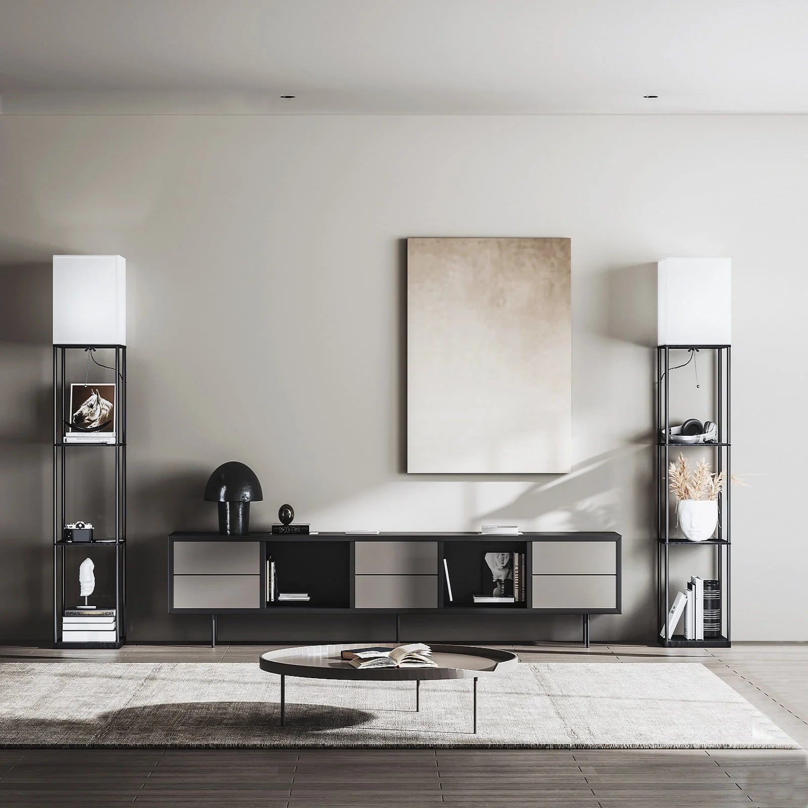 Modern Iron Shelf Floor Lamp with 3 Way Dimmable LED Bulb, Shelves and White Shade for Living Room and Bedroom(Black)