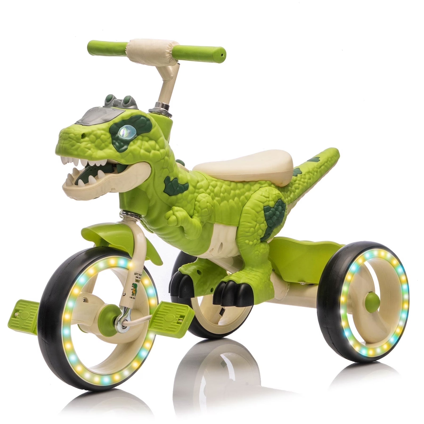 Xuanlur Kids Ride on Dinosaur Tricycle, Toddlers Kid Trike with Wide Flash Wheels, Anti - Slip Pedals, Rear Basket, Music & LED Lights, Toddler Bike