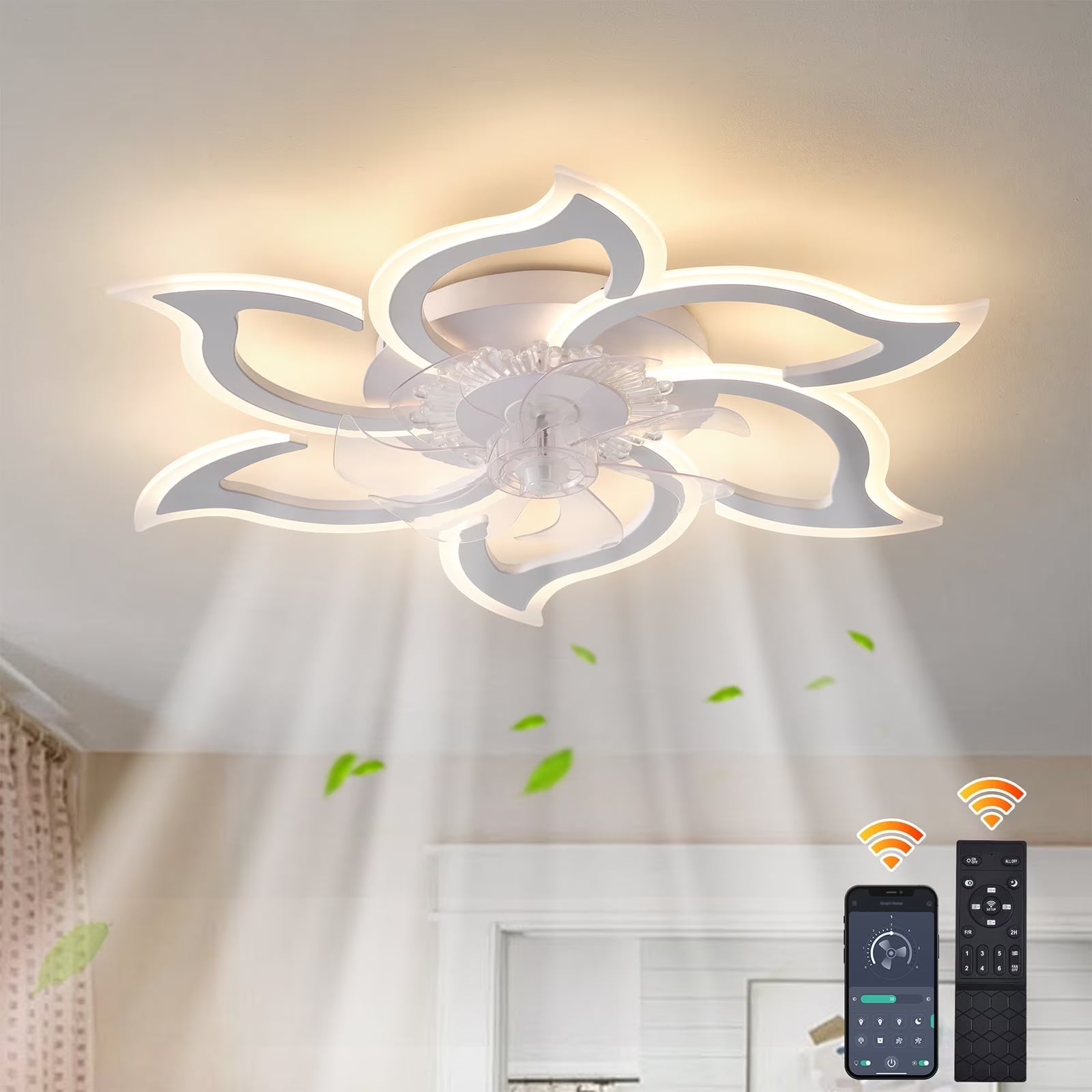 Garwarm Dimmable Ceiling Fan with Light and Remote Control, 27" Small Flush Mounted Ceiling Fan
