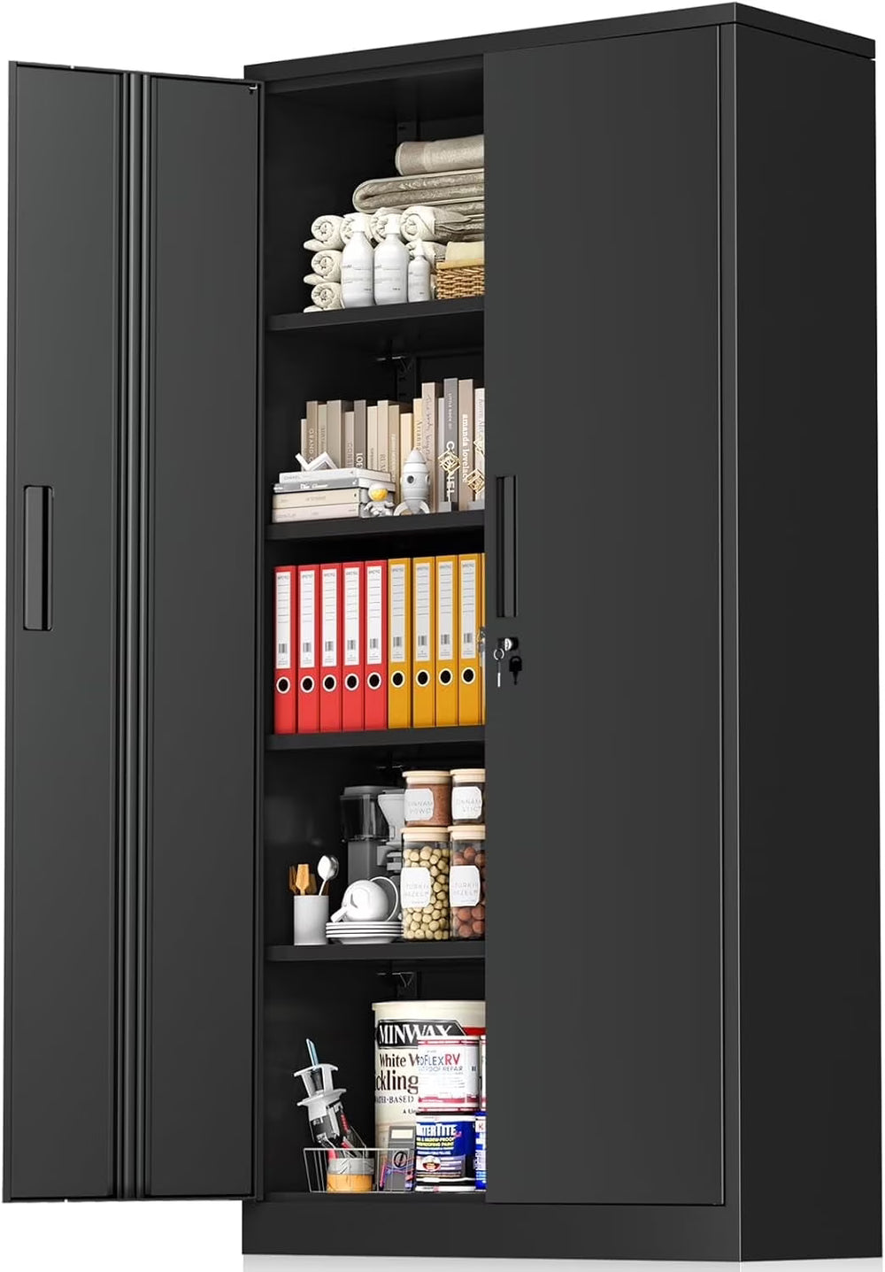 SOLAURA 71" Metal Garage Storage Cabinet with Locking Doors and Adjustable Shelves for Home, Office(Black)