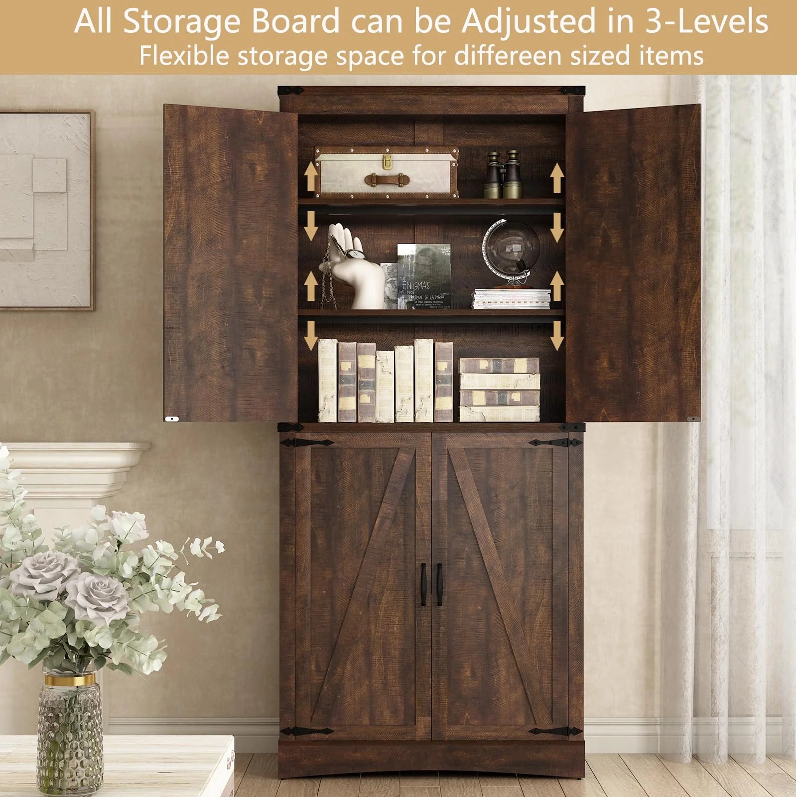 71" Tall Farmhouse Kitchen Pantry Cabinet, 5 Layers Storage Cabinet with Adjustable Shelves, Farmhouse Pantry Cabinet with 4 Barn Doors