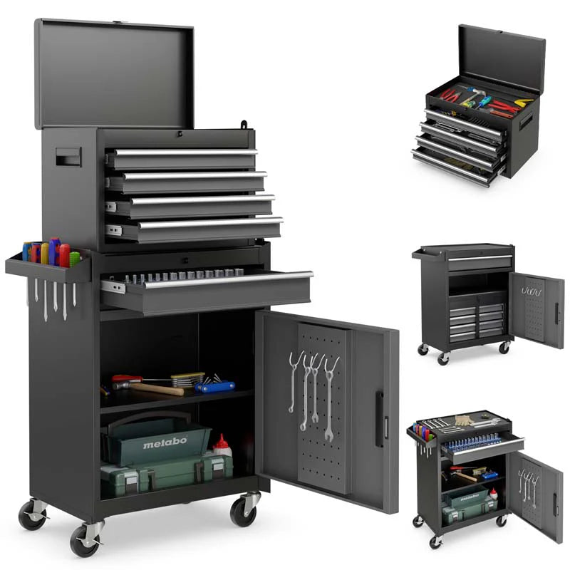 2 - in - 1 Rolling Tool Chest, 5-Drawer Tool Storage Cabinet with Wheels, Adjustable Shelf, Tool Box Organizer for Garage Warehouse Workshop