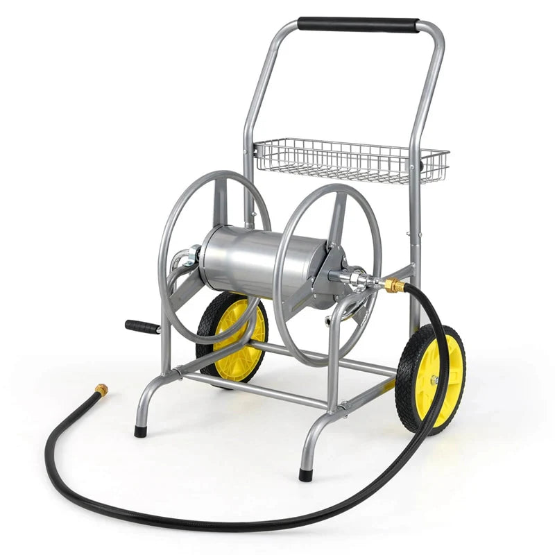 Garden Hose Reel Cart Holds 230FT of 5/8" Hose, Heavy - Duty Hose Cart with 2 Wheels & Storage Basket, Portable Water Hose Organizer for Yard