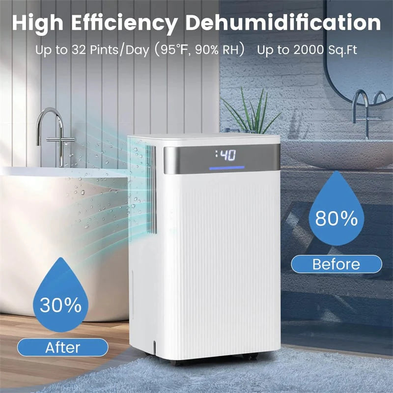 32 Pints 2000 Sq.ft Basement Dehumidifier with Drain Hose, 24H Timer & 3 - Color Indicator, Quiet Portable Dehumidifier for Home, Bedroom, Bathroom