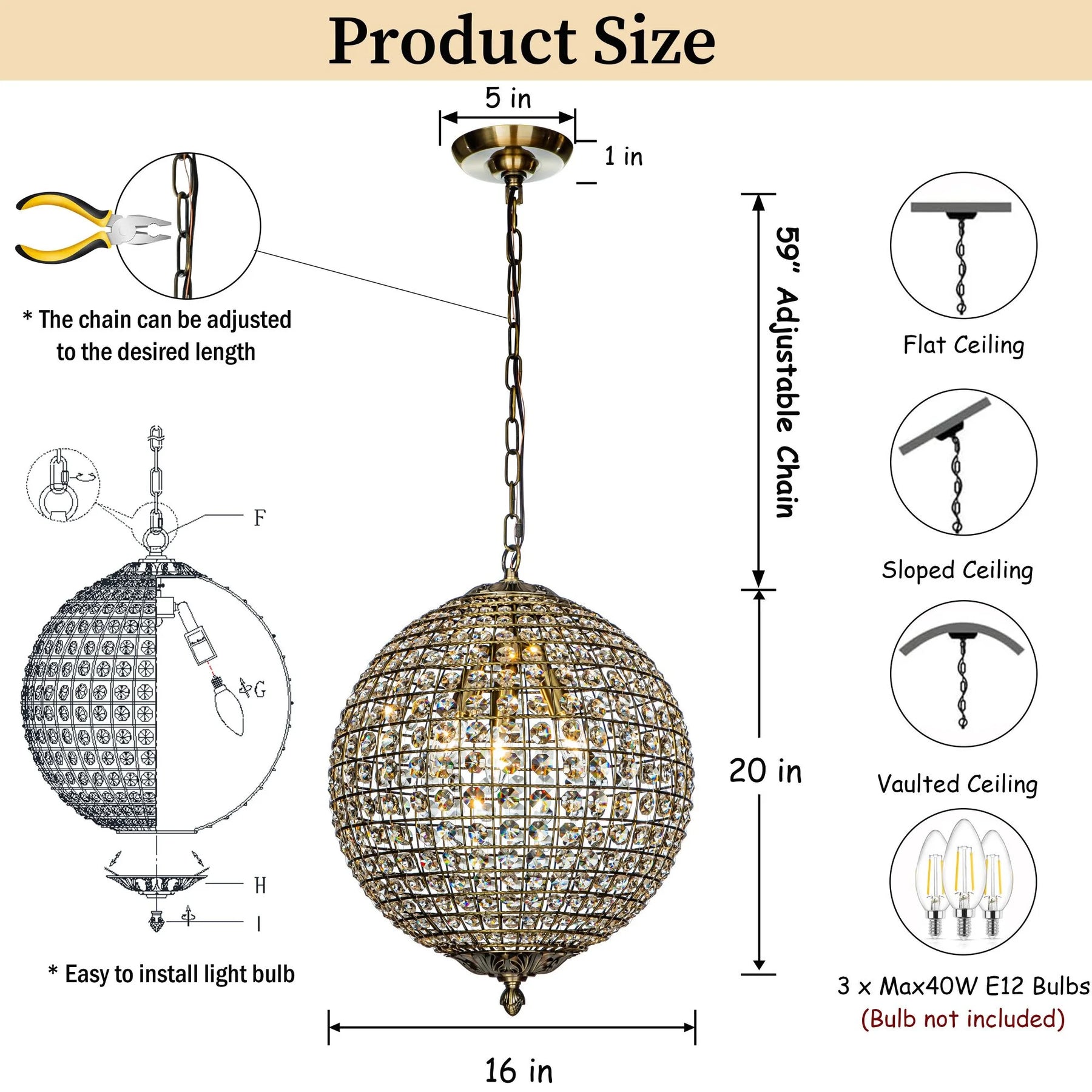 1-Light 12" Retro Antique Gold Crystal Globe Chandelier Small Sphere Pendant Light