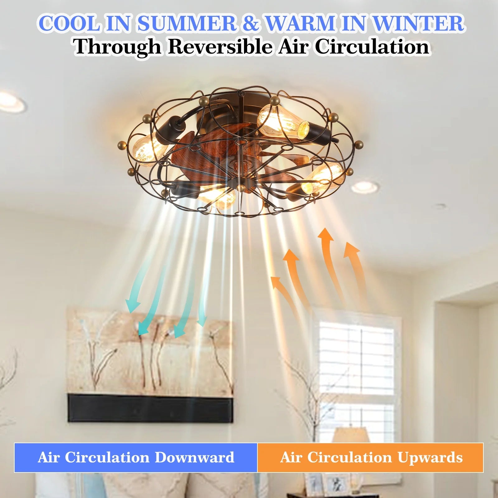 Industrial Cage Ceiling Fan - Low - Profile 7 - Blade Fan with Remote & Light - Modern Rustic Cooling for Small Spaces