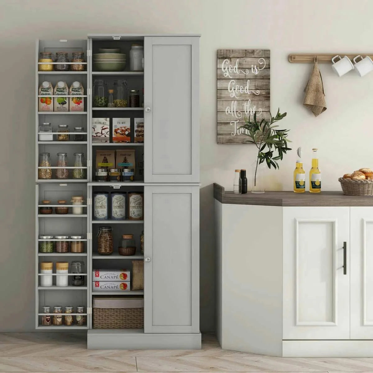 Spaco 17-Tier Kitchen Small Pantry Cabinet with 2 Doors and 6 Adjustable Shelves, Cabinet Pantry, Freestanding 5-Tier Shelving Pantries