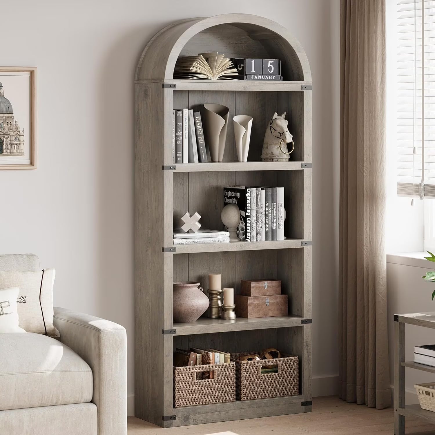 Bookcase 5 Shelf Arched Bookshelf 71.65in Tall Bookcase Farmhouse Display Storage Rack Wooden Bookshelves for Home Office, Living Room(White)